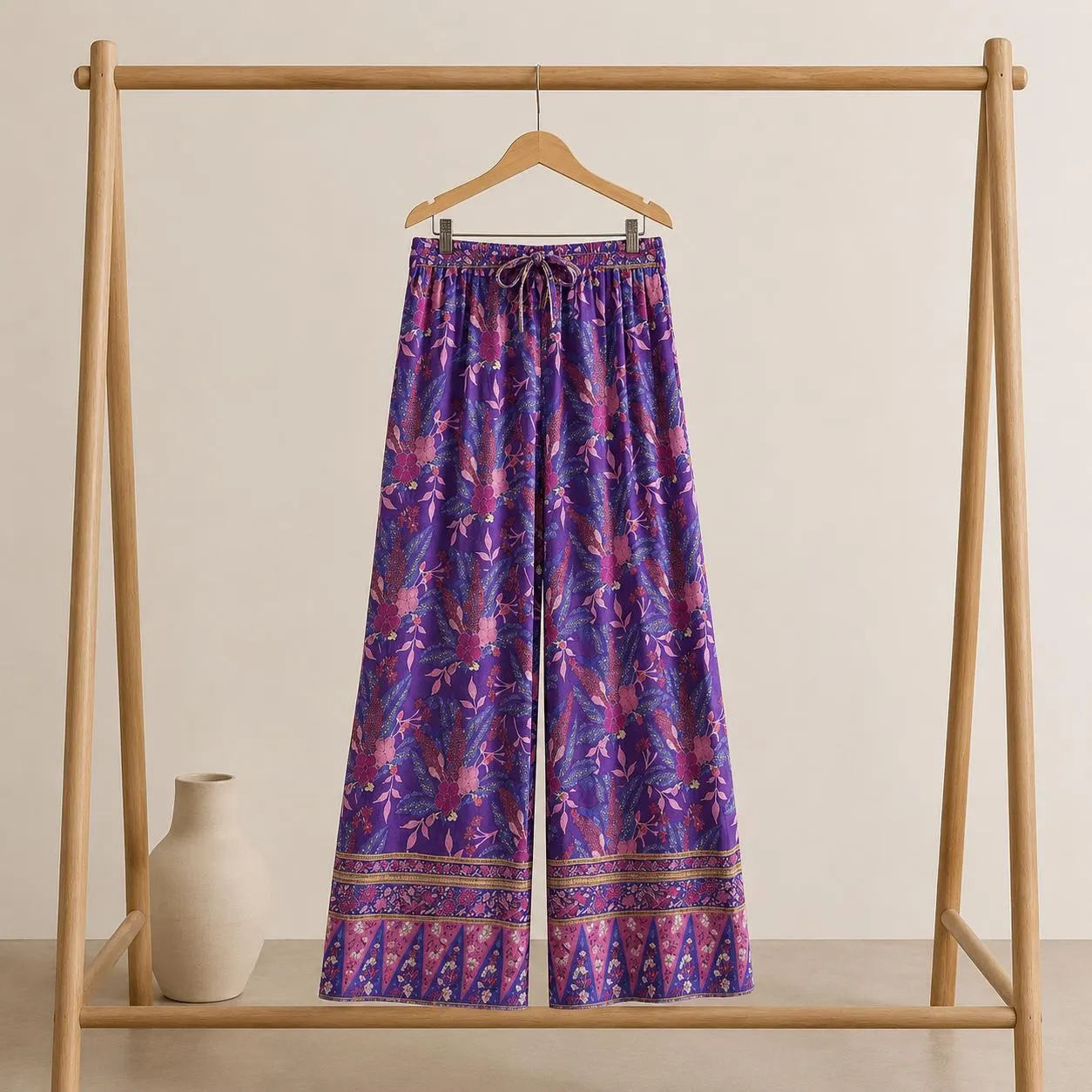 Purple Floral Kimono Set for Women, Boho Lounge Co Ord Set, Wide Leg Pants and Tie Front Top, Rayon Cotton Summer Vacation Outfit - image 3