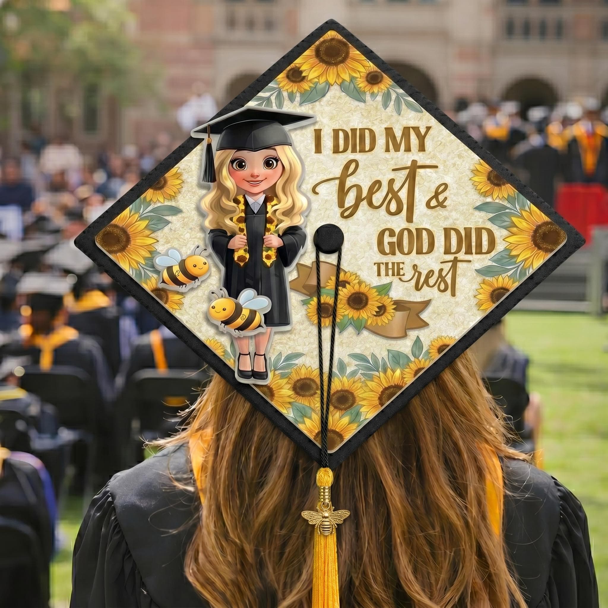 3D Acrylic Graduation Cap Topper, Sunflower God Did The Rest Grad Cap Overlay, Personalized Chibi Girl Graduate Gift, Luxury Cap Decor