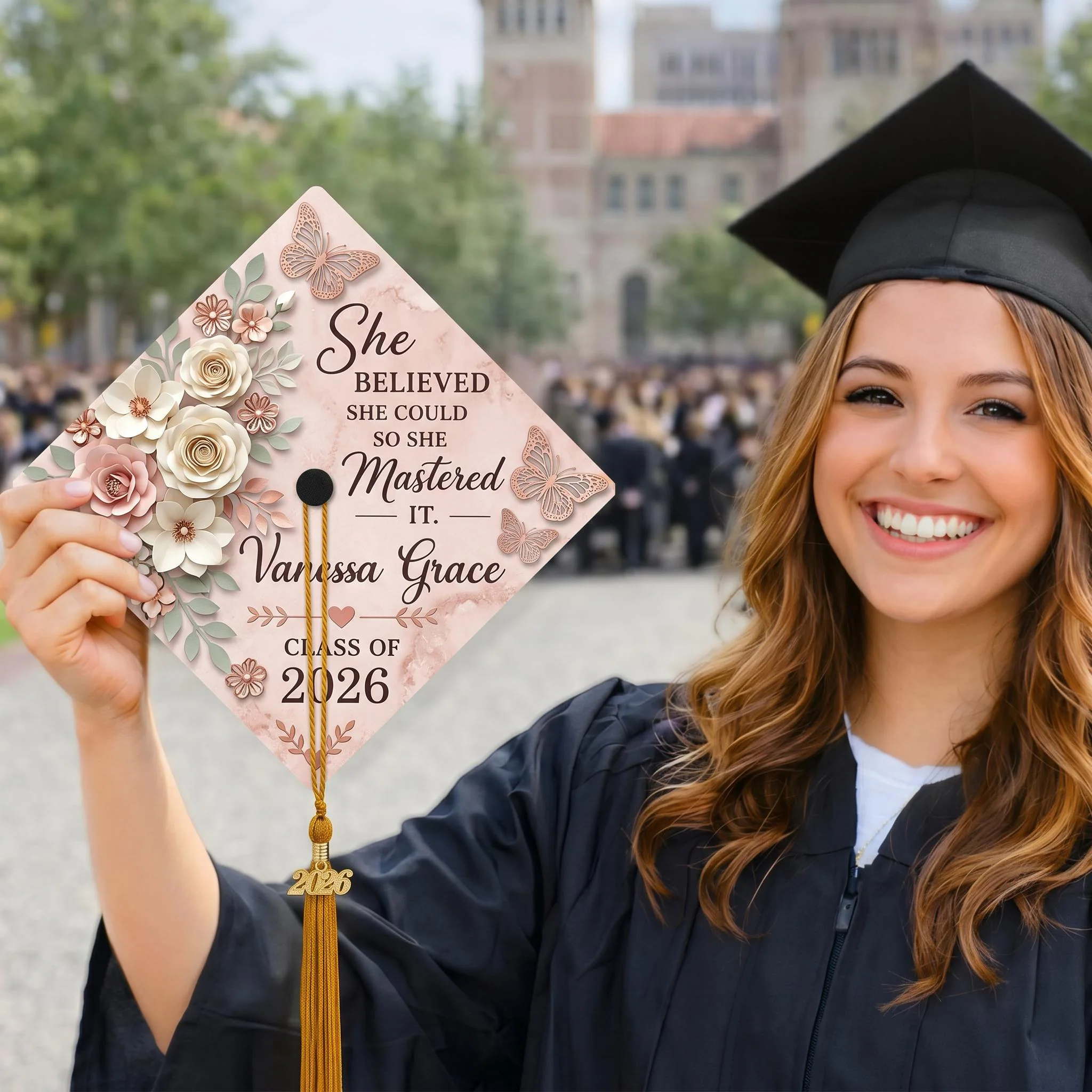 Custom Floral Grad Cap Topper, She Believed She Could Mastered It Sash, 3D Butterfly Graduation Decor, Personalized Rose Gold Senior Gift - image 3