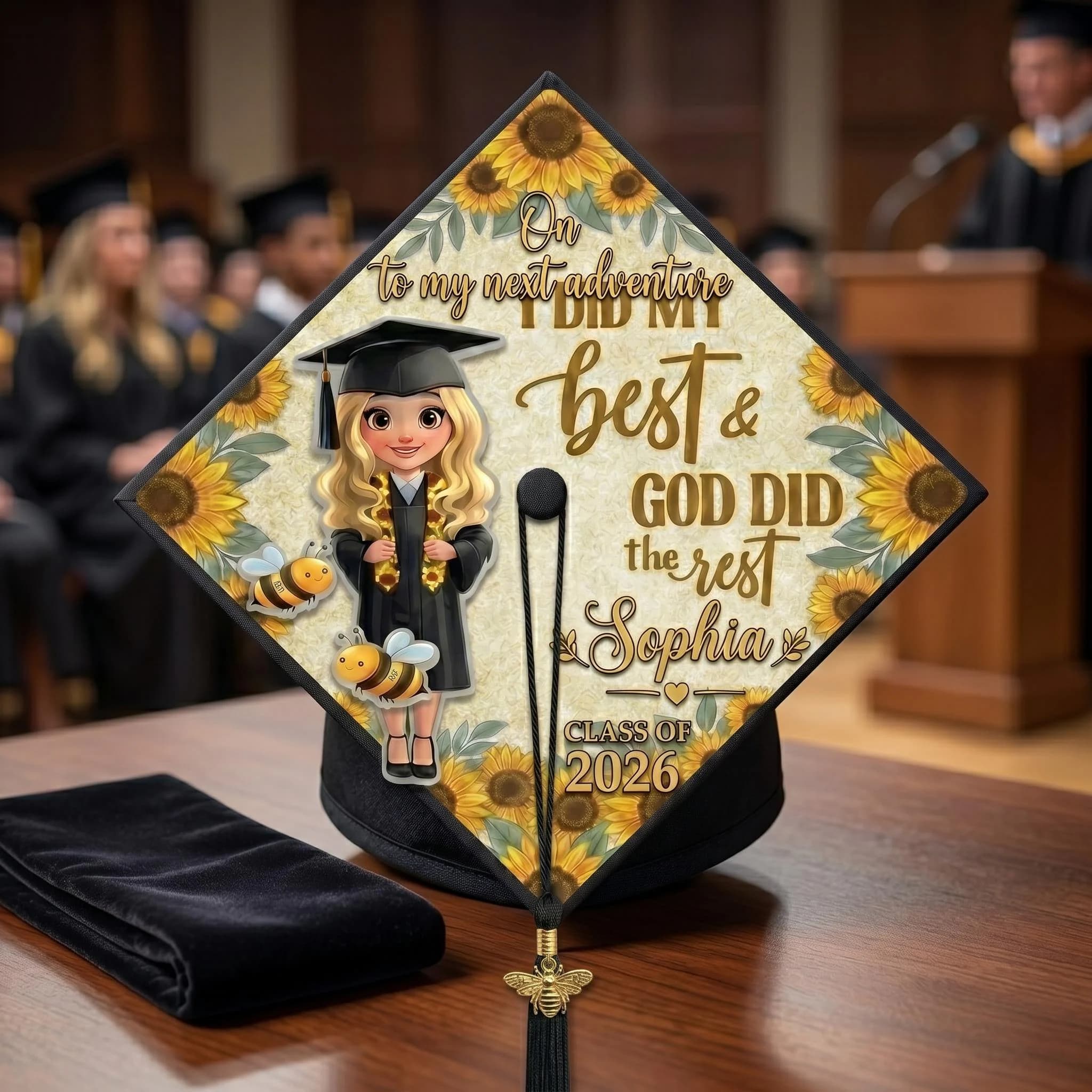 3D Acrylic Graduation Cap Topper, Sunflower God Did The Rest Grad Cap Overlay, Personalized Chibi Girl Graduate Gift, Luxury Cap Decor - image 3