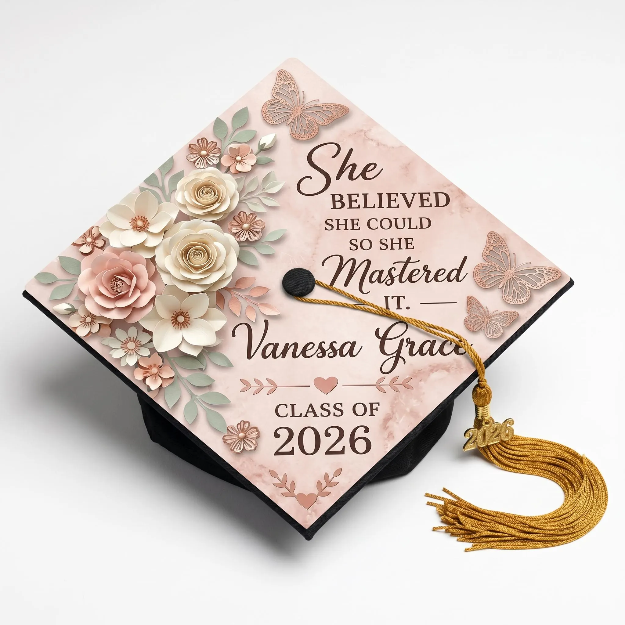 Custom Floral Grad Cap Topper, She Believed She Could Mastered It Sash, 3D Butterfly Graduation Decor, Personalized Rose Gold Senior Gift