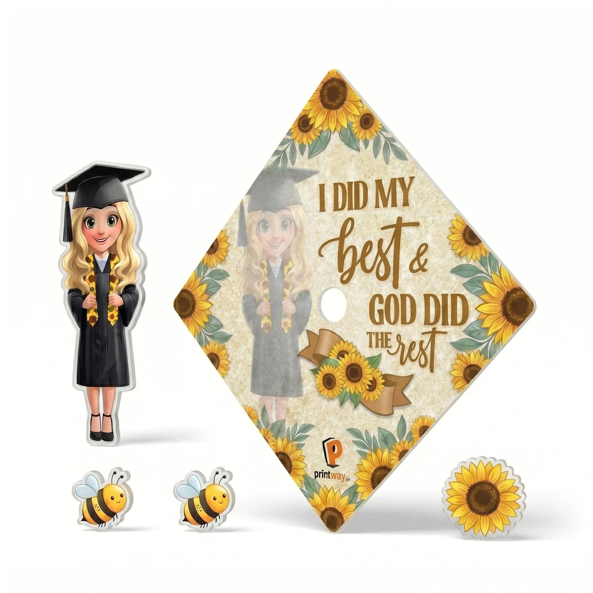 3D Acrylic Graduation Cap Topper, Sunflower God Did The Rest Grad Cap Overlay, Personalized Chibi Girl Graduate Gift, Luxury Cap Decor - image 5