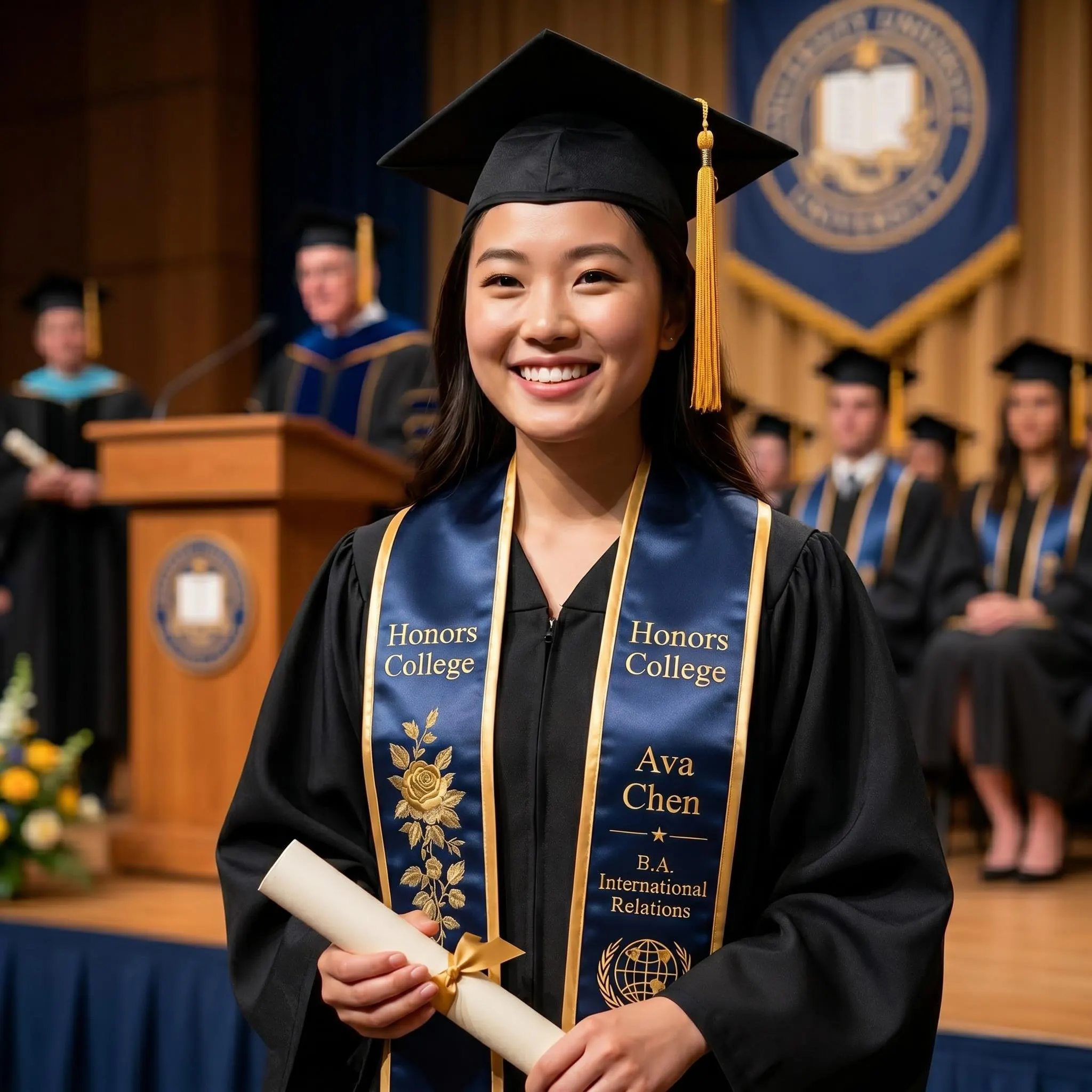 Custom International Relations Graduation Stole, Personalized Honors College Sash, Navy Gold Globe Embroidered Stole, B.A. Diploma Gift 2026 - image 3