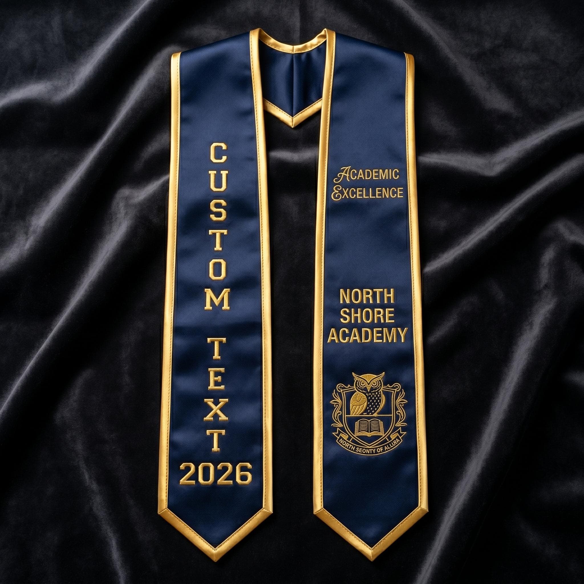 Custom Graduation Stole Navy Silver, Personalized Academic Excellence Sash, Class of 2026 Wisdom Owl Stole, Custom Name University Senior
