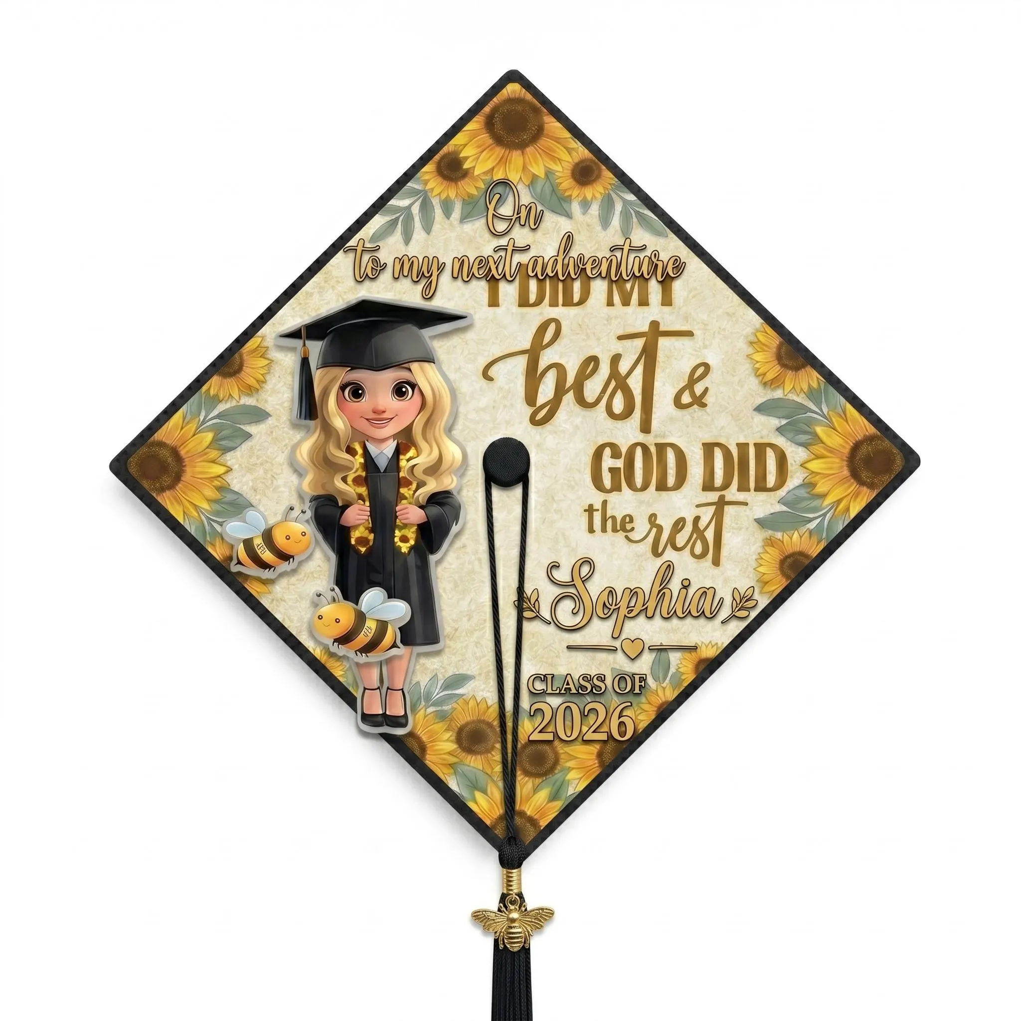 3D Acrylic Graduation Cap Topper, Sunflower God Did The Rest Grad Cap Overlay, Personalized Chibi Girl Graduate Gift, Luxury Cap Decor - image 4