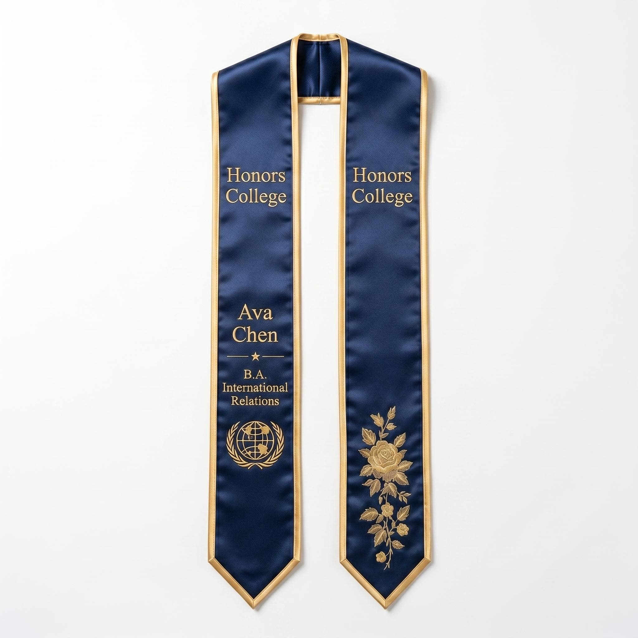 Custom International Relations Graduation Stole, Personalized Honors College Sash, Navy Gold Globe Embroidered Stole, B.A. Diploma Gift 2026 - image 4