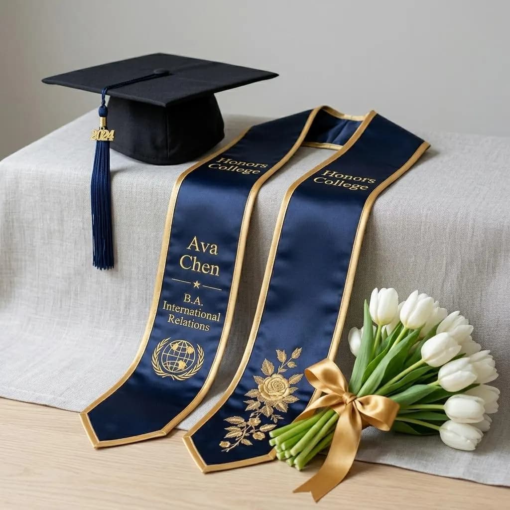 Custom International Relations Graduation Stole, Personalized Honors College Sash, Navy Gold Globe Embroidered Stole, B.A. Diploma Gift 2026