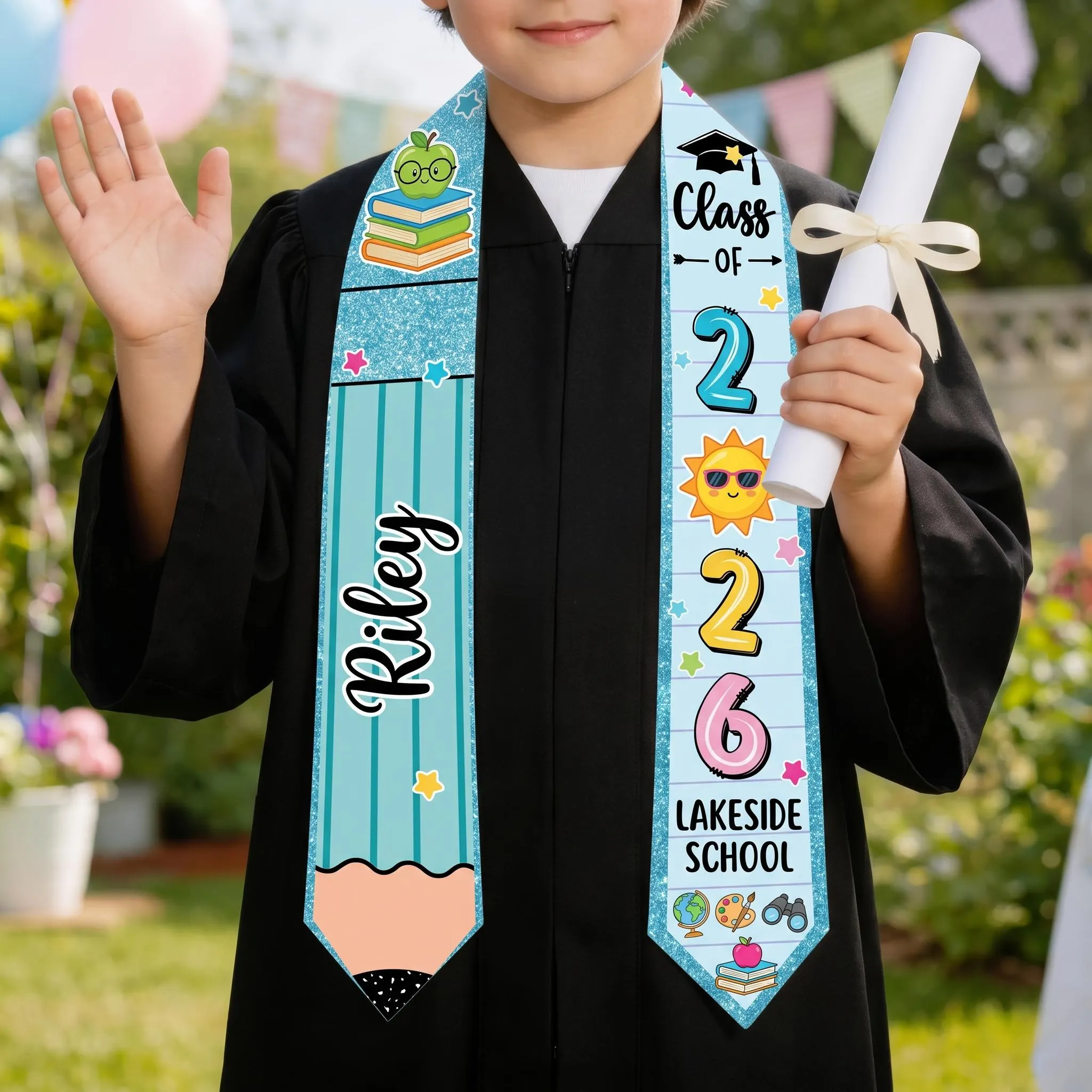Custom Kindergarten Graduation Stole, Personalized Lakeside School Class of 2026 Sash, Cute Pencil Apple Kids Graduate Gift