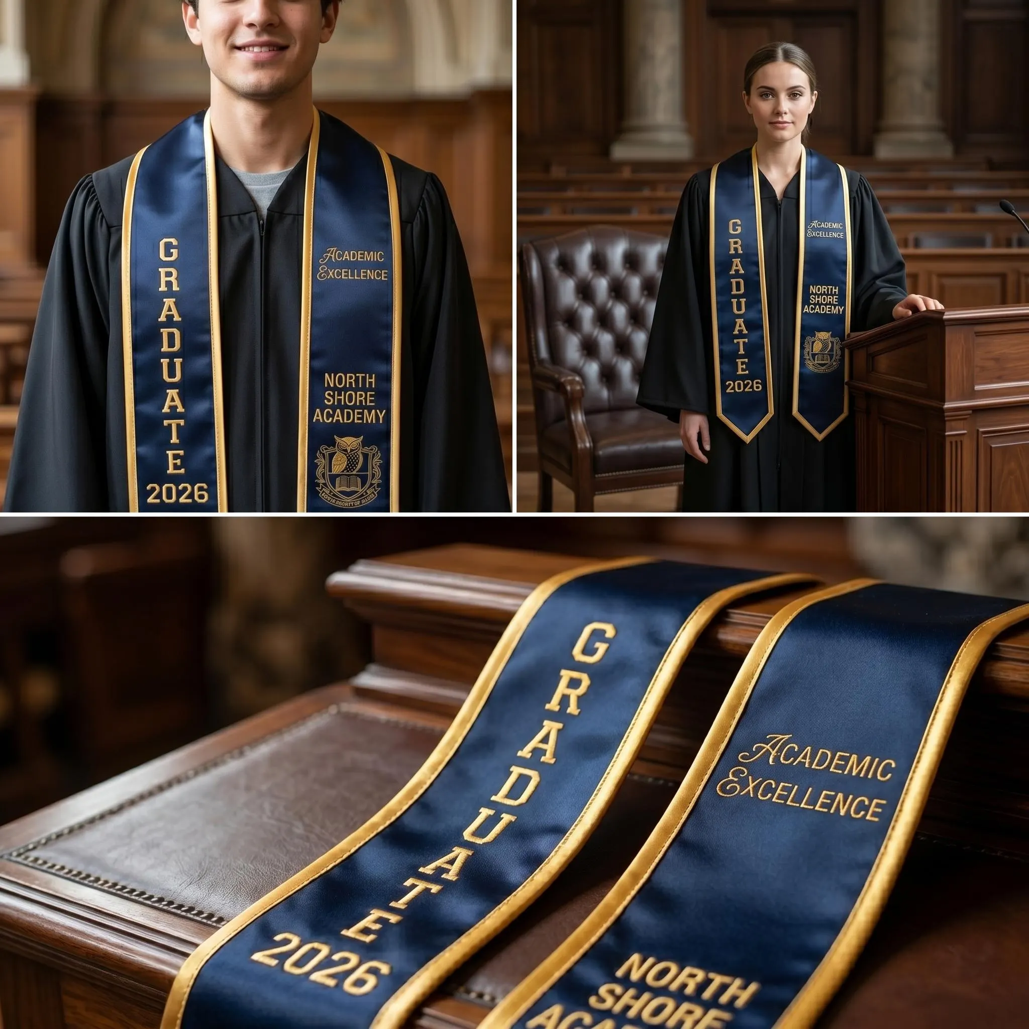 Custom Graduation Stole Navy Silver, Personalized Academic Excellence Sash, Class of 2026 Wisdom Owl Stole, Custom Name University Senior - image 4