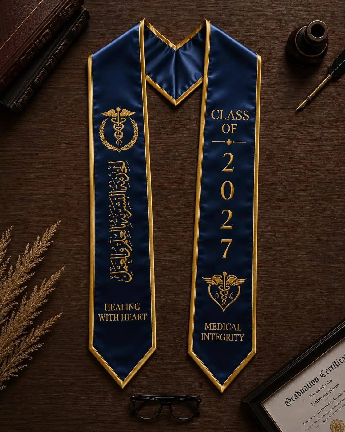 Custom Arabic Medical Graduation Stole, Personalized Islamic Calligraphy Doctor Sash 2025, Navy Blue Gold DNA Caduceus Healthcare Senior
