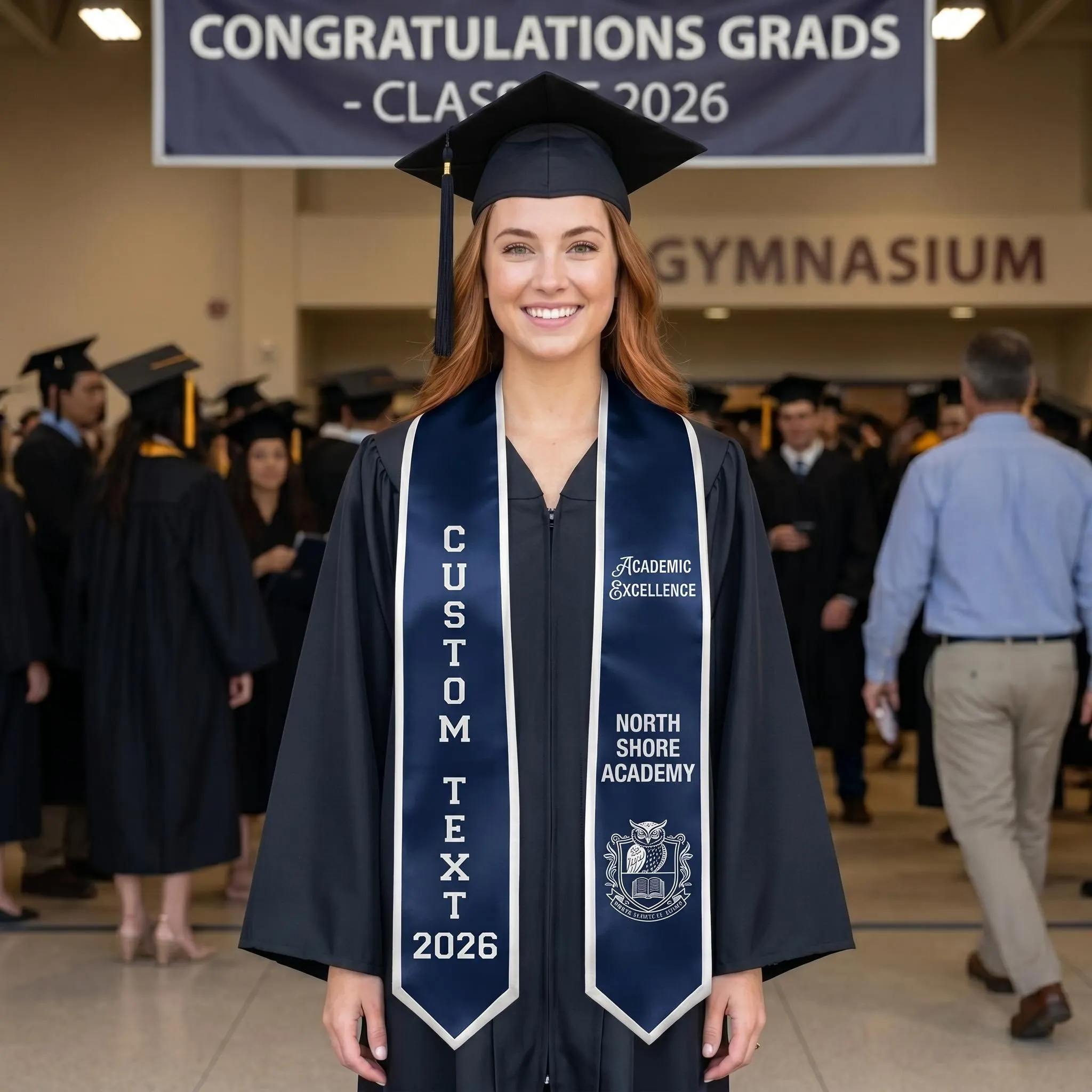 Custom Graduation Stole Navy Silver, Personalized Academic Excellence Sash, Class of 2026 Wisdom Owl Stole, Custom Name University Senior - image 3