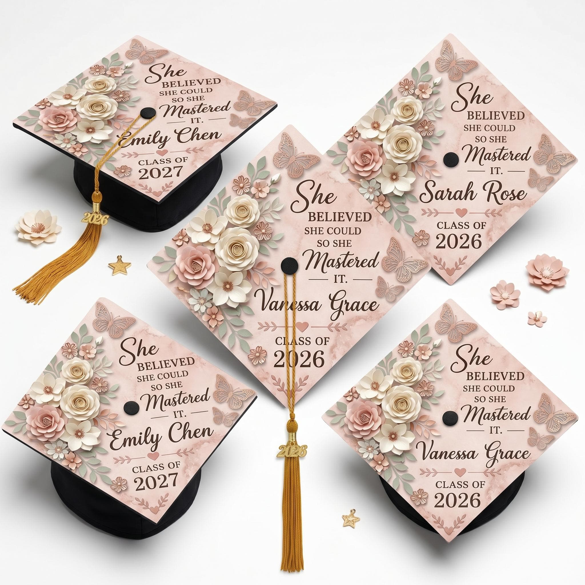 Custom Floral Grad Cap Topper, She Believed She Could Mastered It Sash, 3D Butterfly Graduation Decor, Personalized Rose Gold Senior Gift - image 4