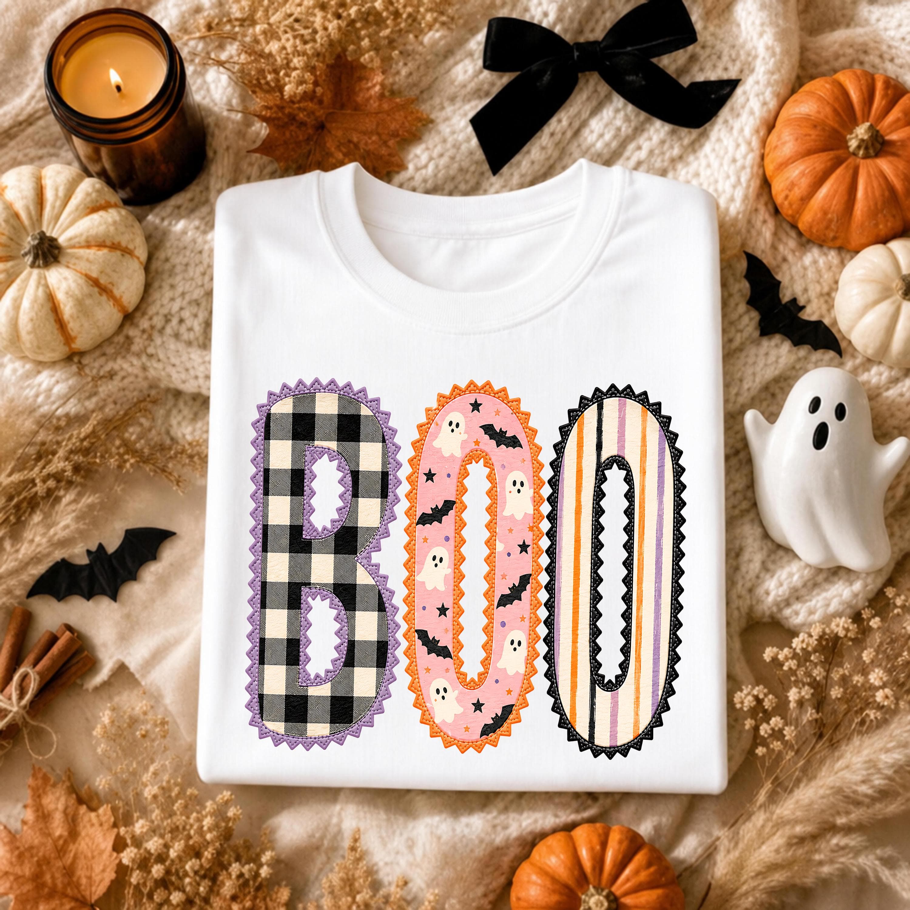 Boo Halloween T-Shirt Cute Patchwork Ghost Shirt Retro Buffalo Plaid Stripes Halloween Graphic Tee Spooky Season Shirt Cute Fall Halloween - image 5