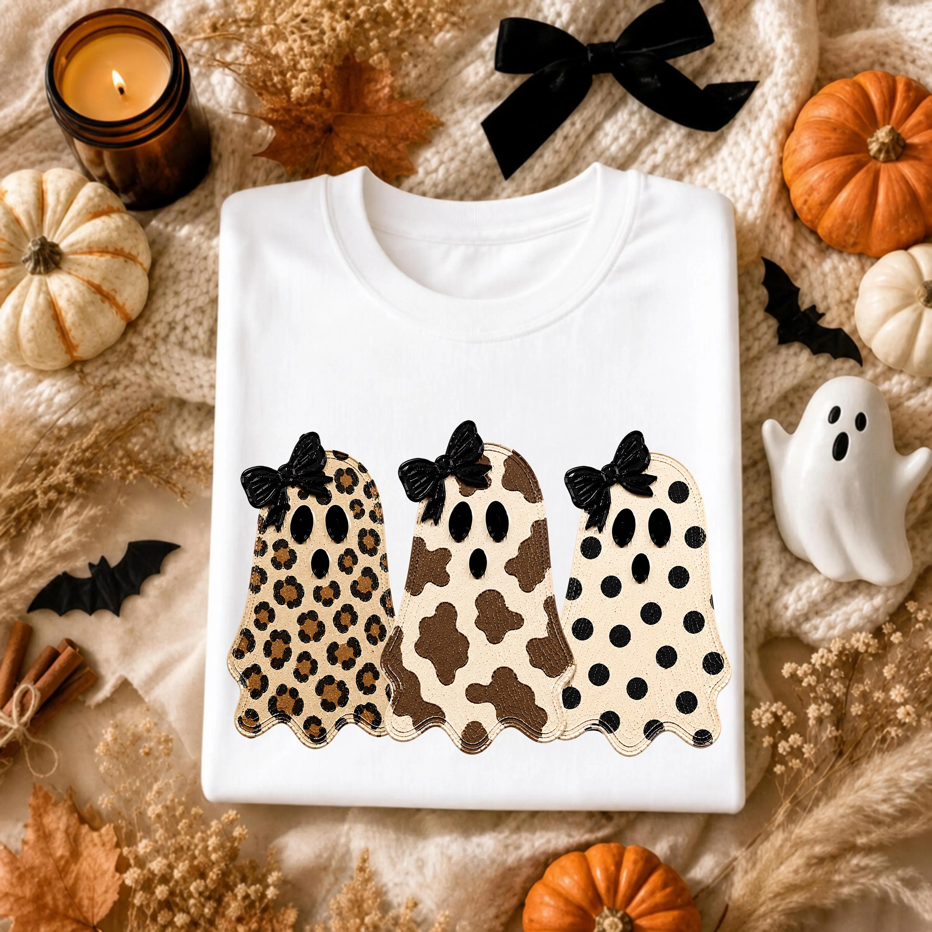 Coquette Bow Ghost T-Shirt Cute Leopard Cow Print Polka Dot Ghost Shirt Preppy Spooky Season Halloween Tee Trendy Girly Fall Graphic Shirt - image 5