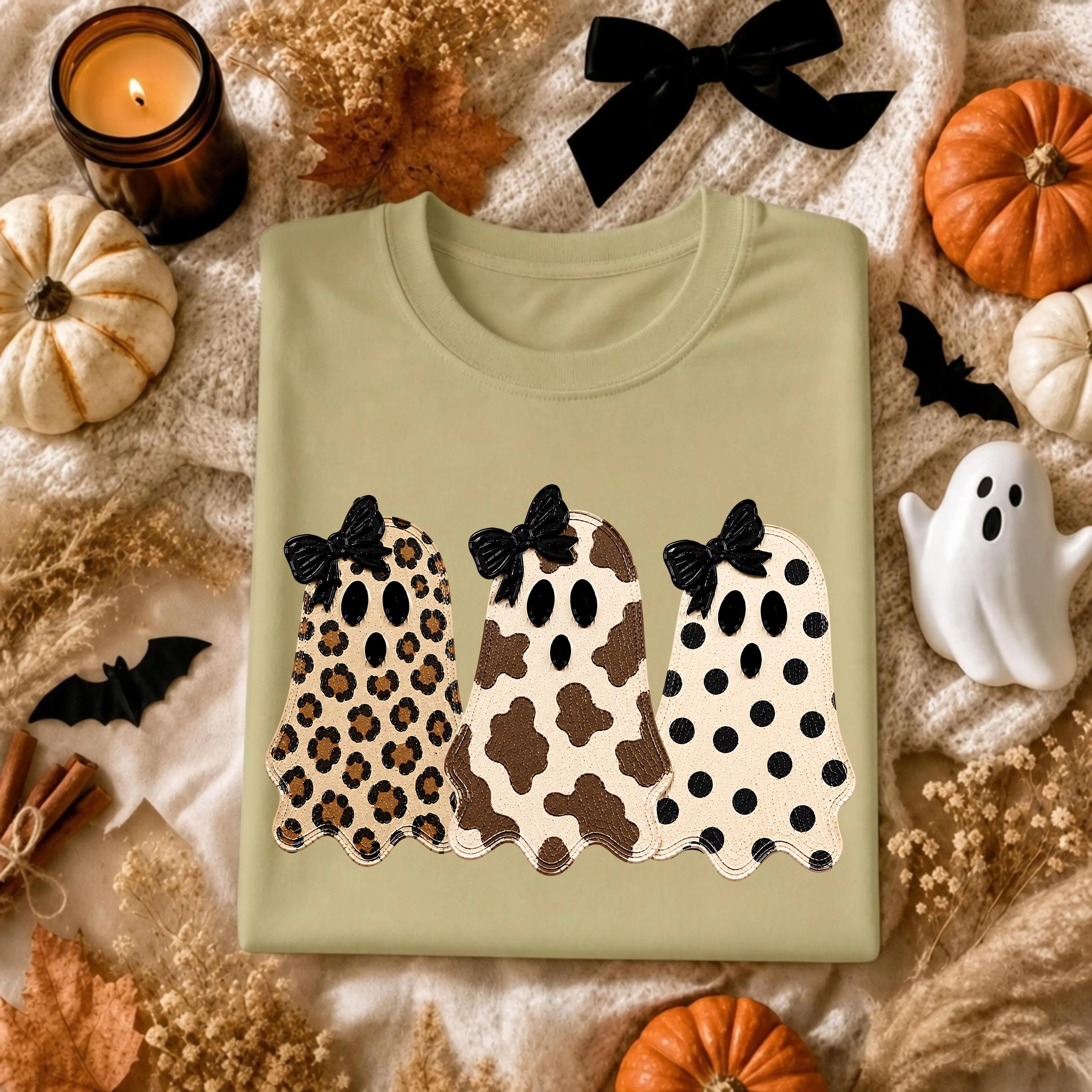Coquette Bow Ghost T-Shirt Cute Leopard Cow Print Polka Dot Ghost Shirt Preppy Spooky Season Halloween Tee Trendy Girly Fall Graphic Shirt - image 4