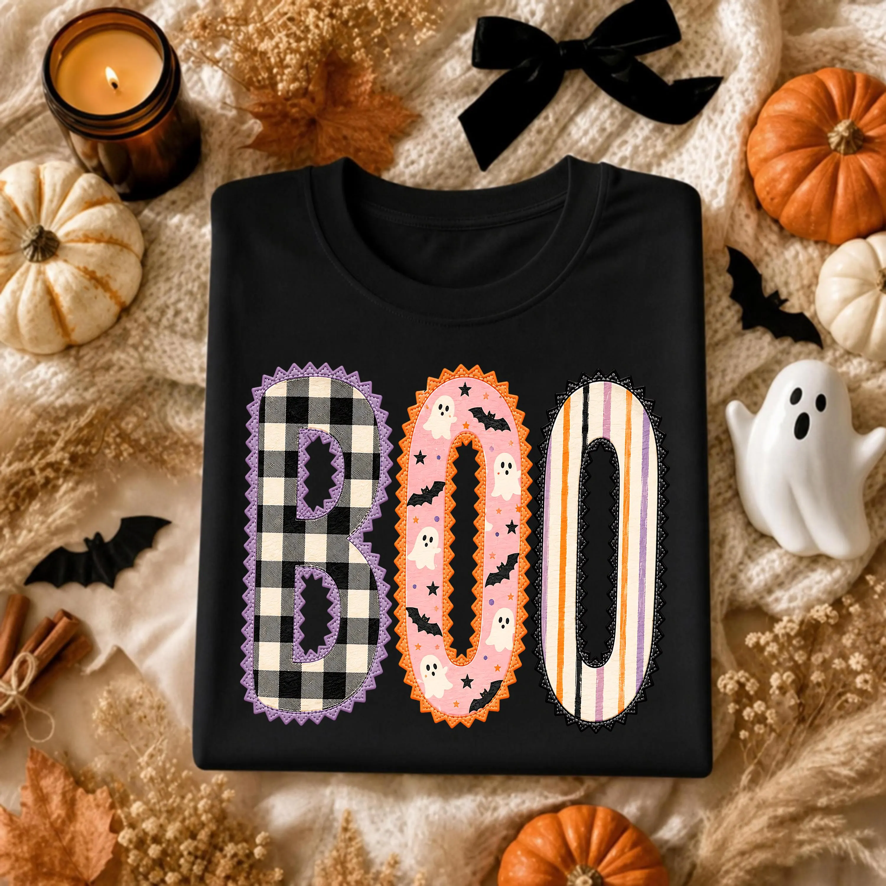 Boo Halloween T-Shirt Cute Patchwork Ghost Shirt Retro Buffalo Plaid Stripes Halloween Graphic Tee Spooky Season Shirt Cute Fall Halloween - image 3