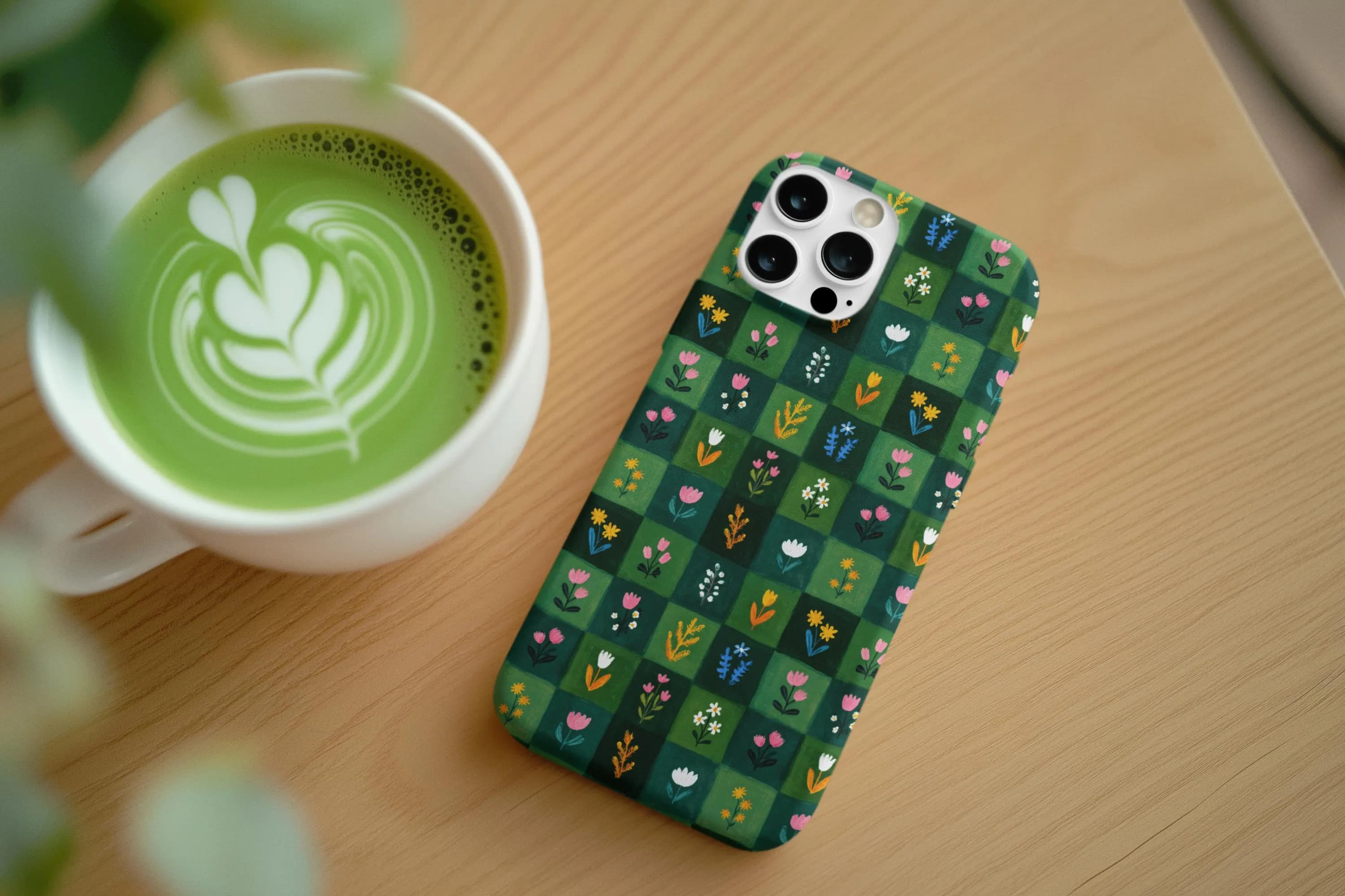 Green Floral Checker iPhone Case | Folk Botanical Cottagecore Phone 15 16 Pro Max - image 3