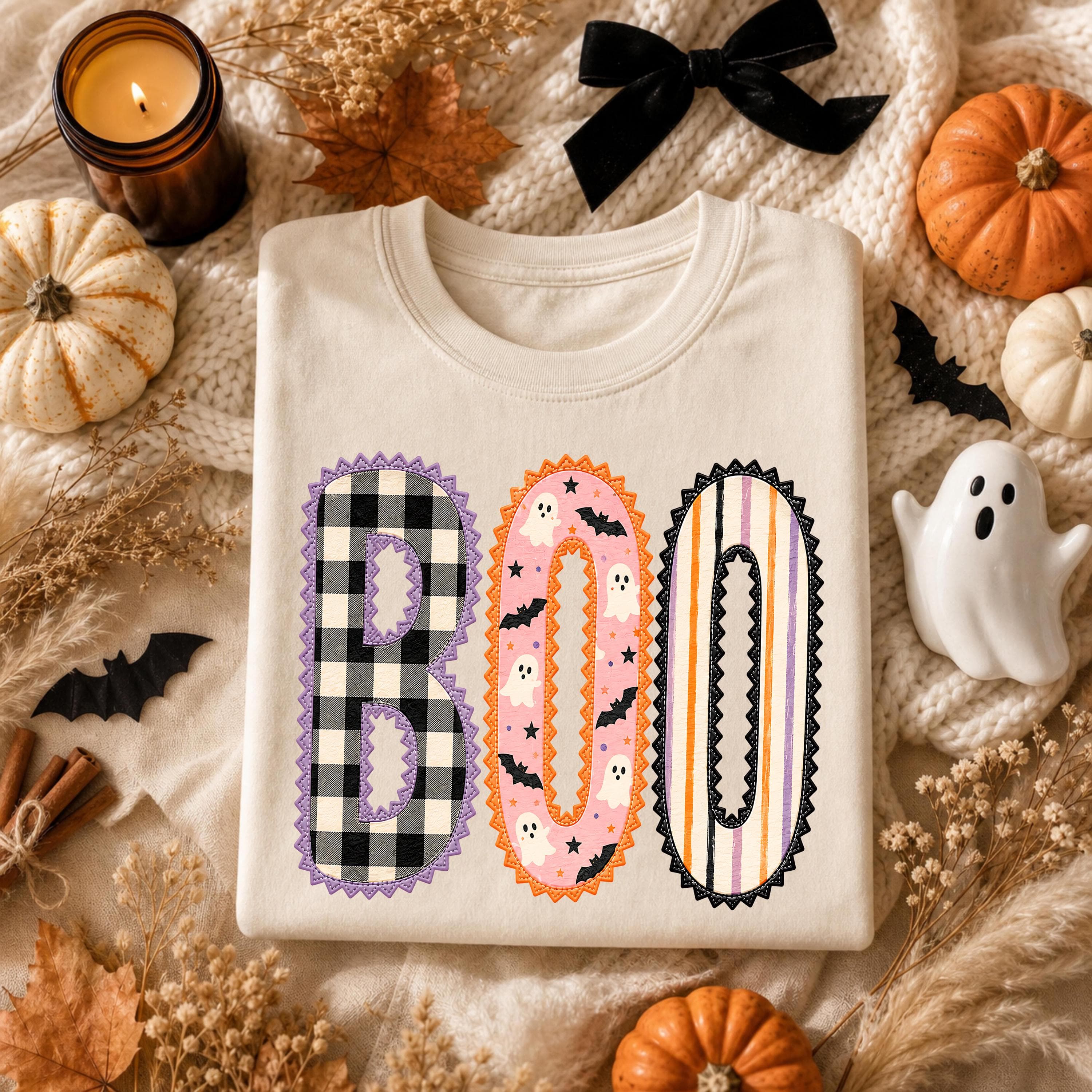 Boo Halloween T-Shirt Cute Patchwork Ghost Shirt Retro Buffalo Plaid Stripes Halloween Graphic Tee Spooky Season Shirt Cute Fall Halloween