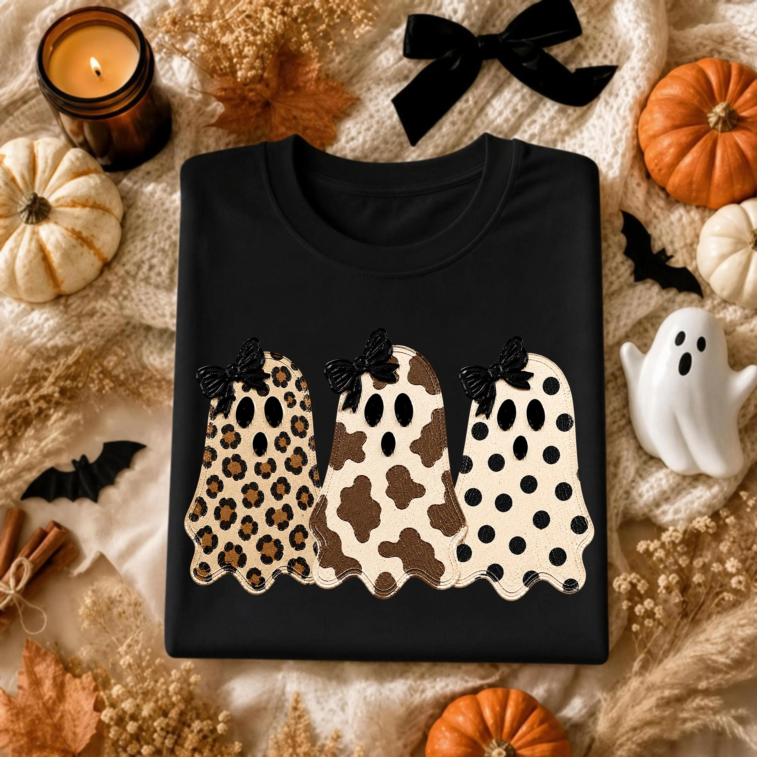 Coquette Bow Ghost T-Shirt Cute Leopard Cow Print Polka Dot Ghost Shirt Preppy Spooky Season Halloween Tee Trendy Girly Fall Graphic Shirt - image 3
