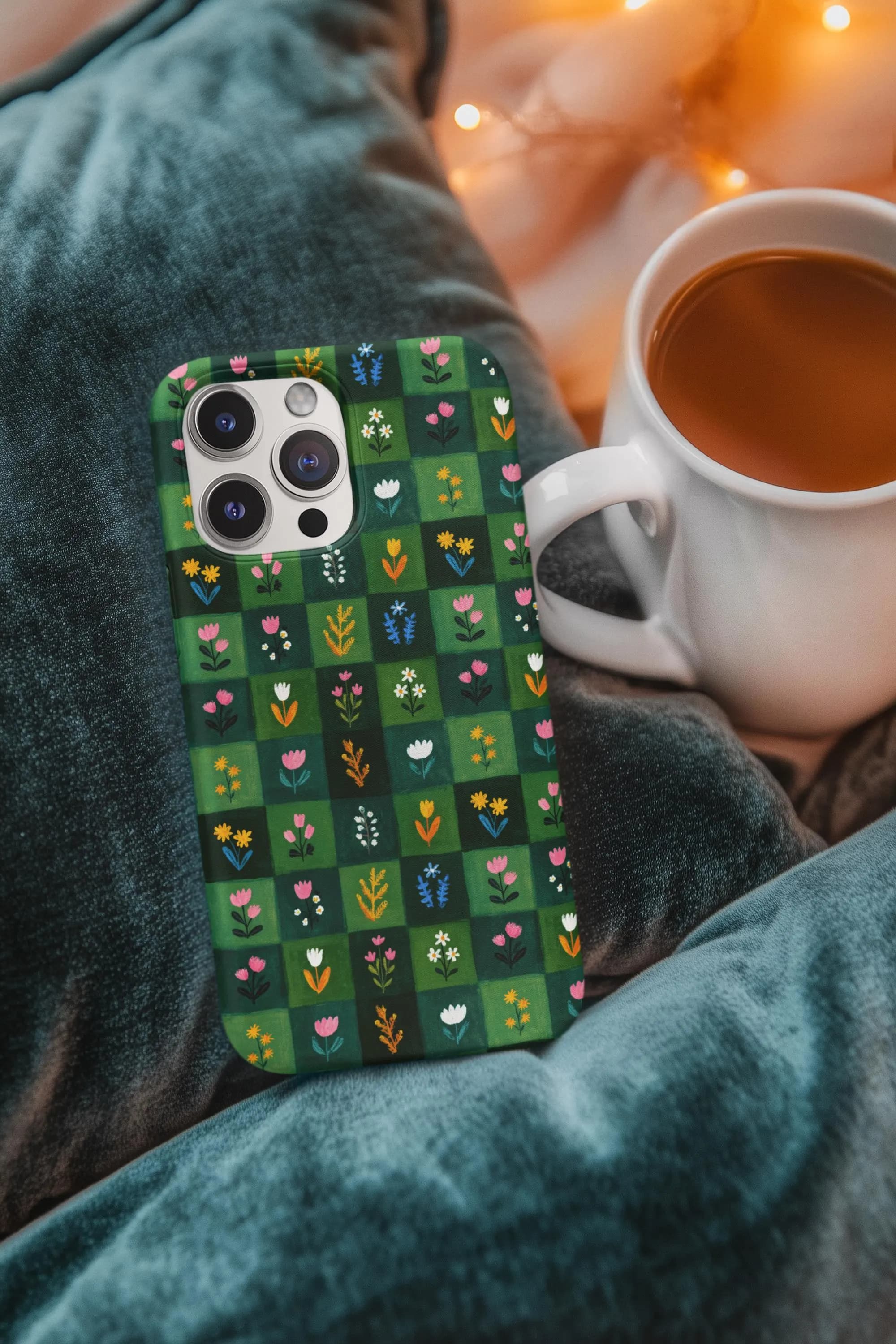 Green Floral Checker iPhone Case | Folk Botanical Cottagecore Phone 15 16 Pro Max - image 4