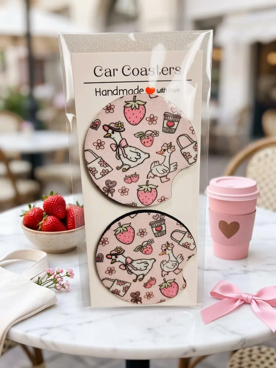 Strawberry Goose Car Coasters Set, Cute Pink Duck Bow Car Accessories, Neoprene Cup Holder Coasters, Strawberry Girl Gift, New Driver Gift - image 3