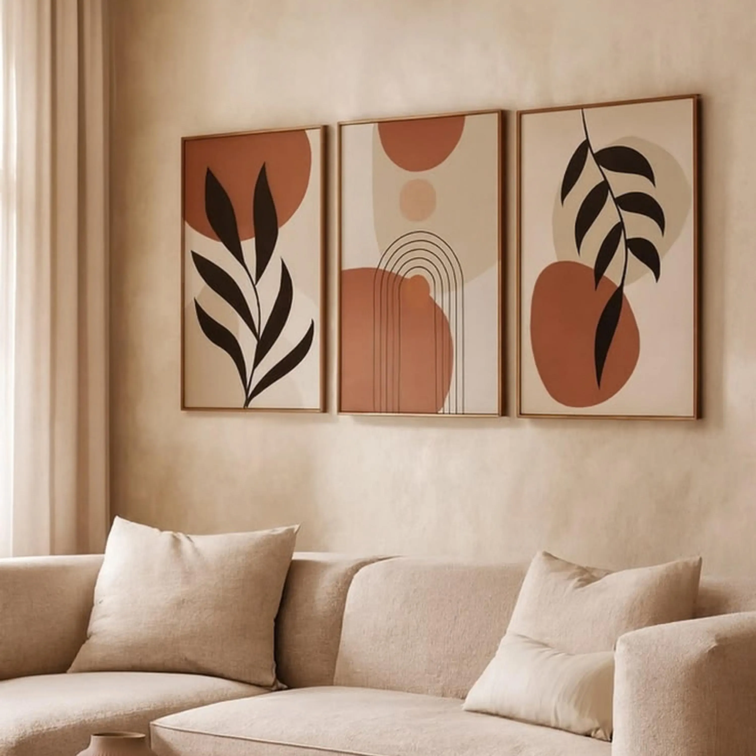 Terracotta Boho Wall Art Set of 3 Canvas Prints - Minimalist Botanical Leaf Artwork, Modern Neutral Living Room Decor - image 4