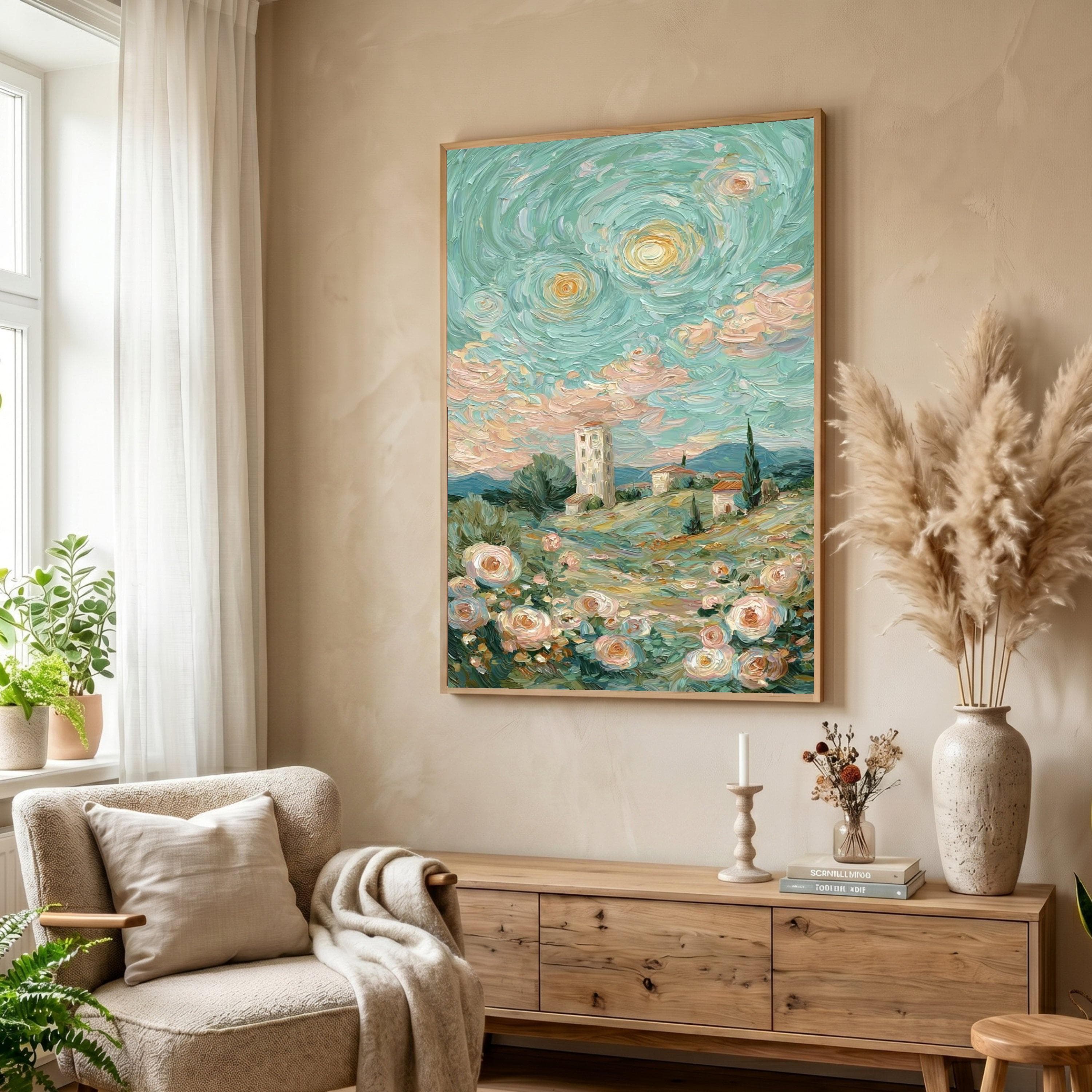 Pastel Countryside Landscape Canvas, Impressionist Flower Field Wall Art, Village Tower Painting, Spring Floral Canvas Decor - image 5