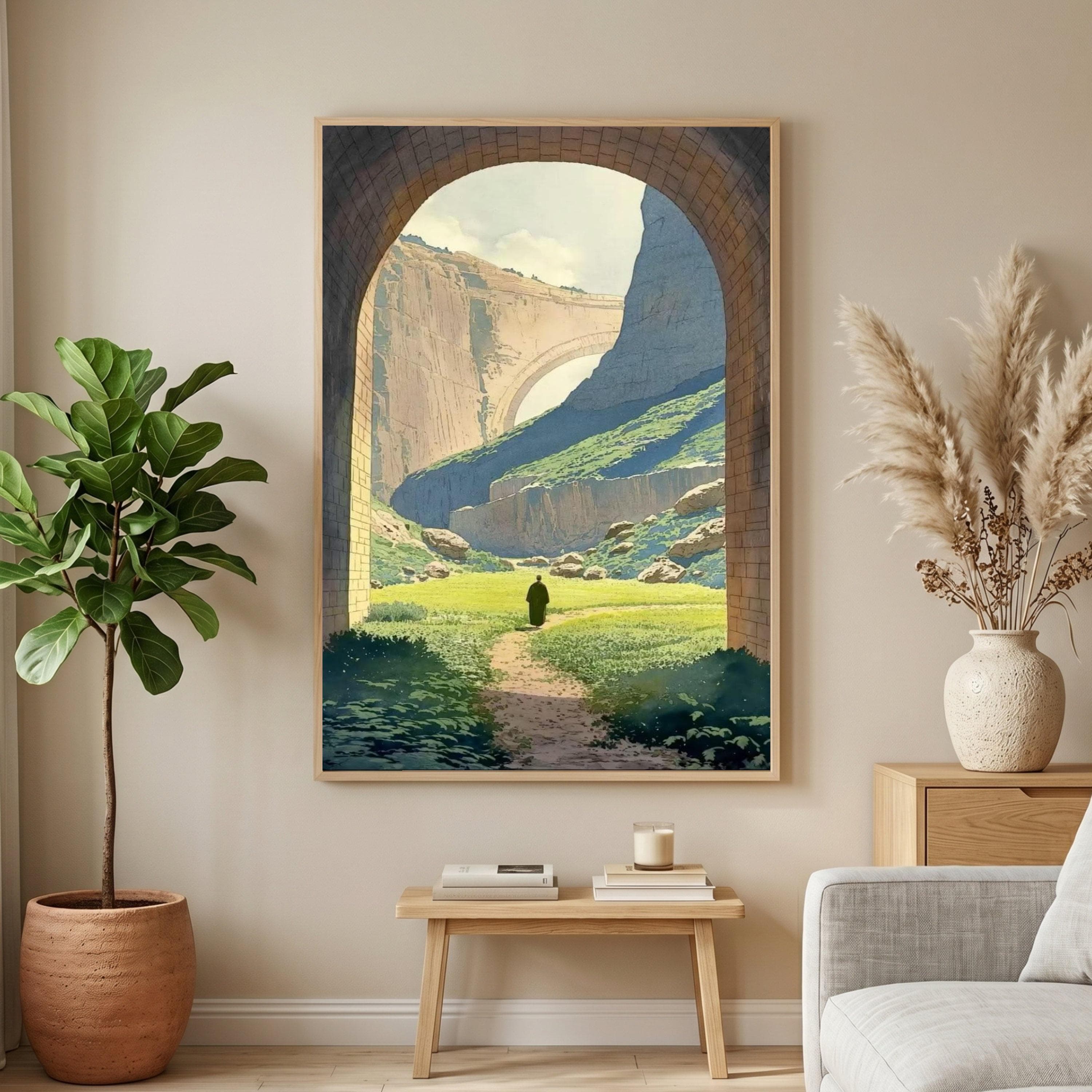 Serene Archway View Canvas, Mountain Path Landscape Wall Art, Faux Window Nature Print, Tranquil Scenery Painting, Framed Living Room Decor - image 3