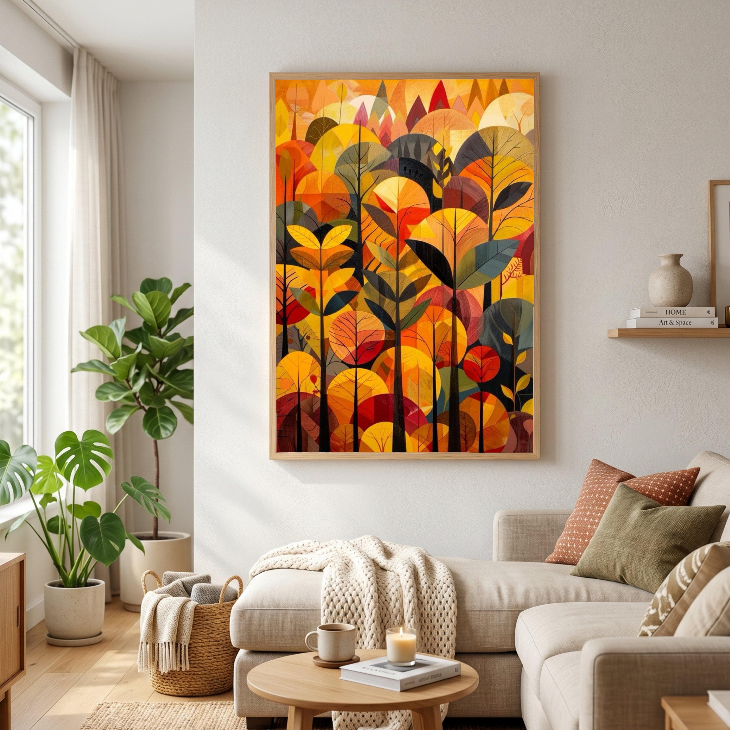 Autumn Forest Abstract Canvas, Modern Fall Leaves Wall Art, Geometric Tree Design, Warm Orange Home Decor, Nature Canvas Decoration - image 3