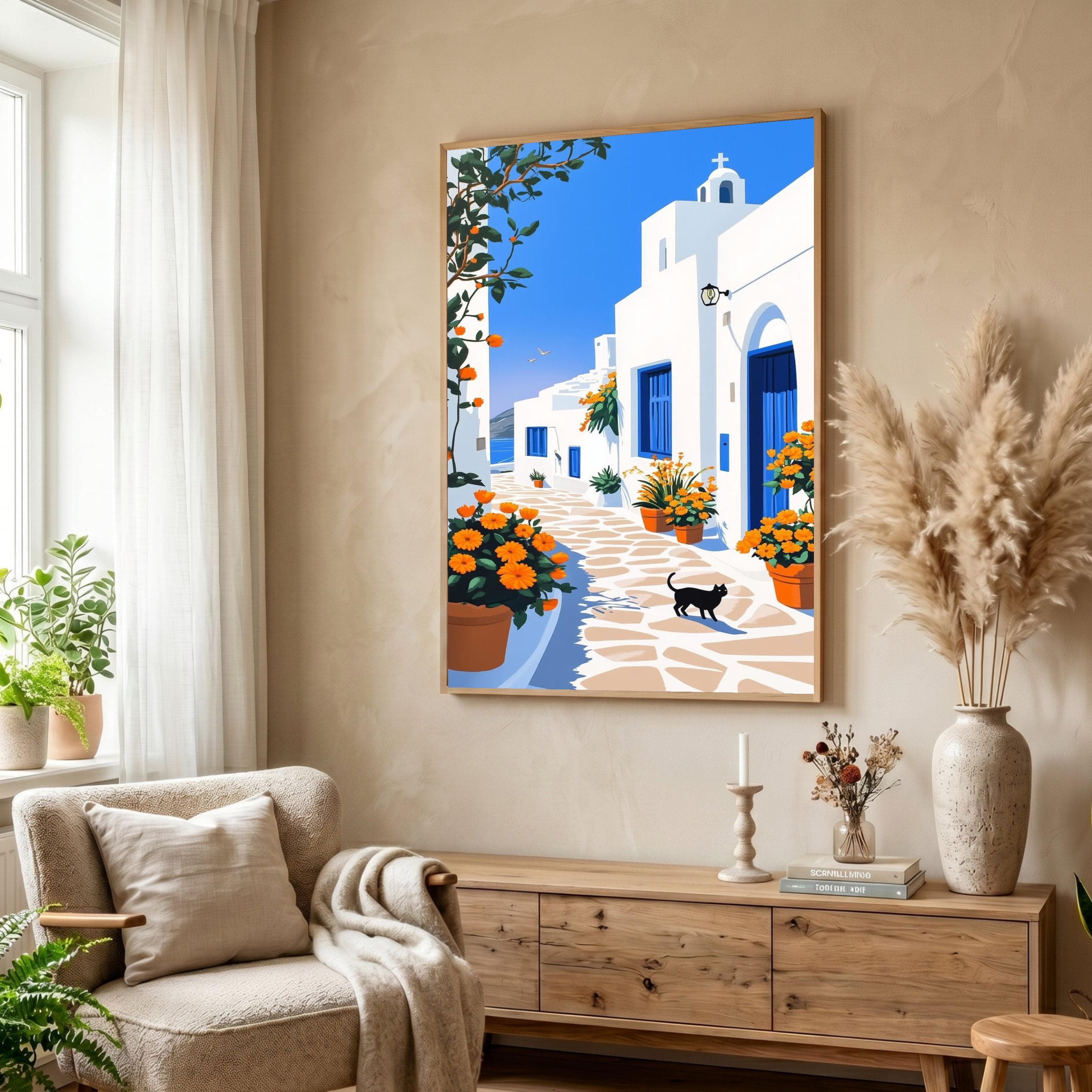 Large Mediterranean Village Path, Blue Doorway Canvas, White Architecture Wall Art, Orange Flowers Canvas, Coastal Home Decoration - image 5