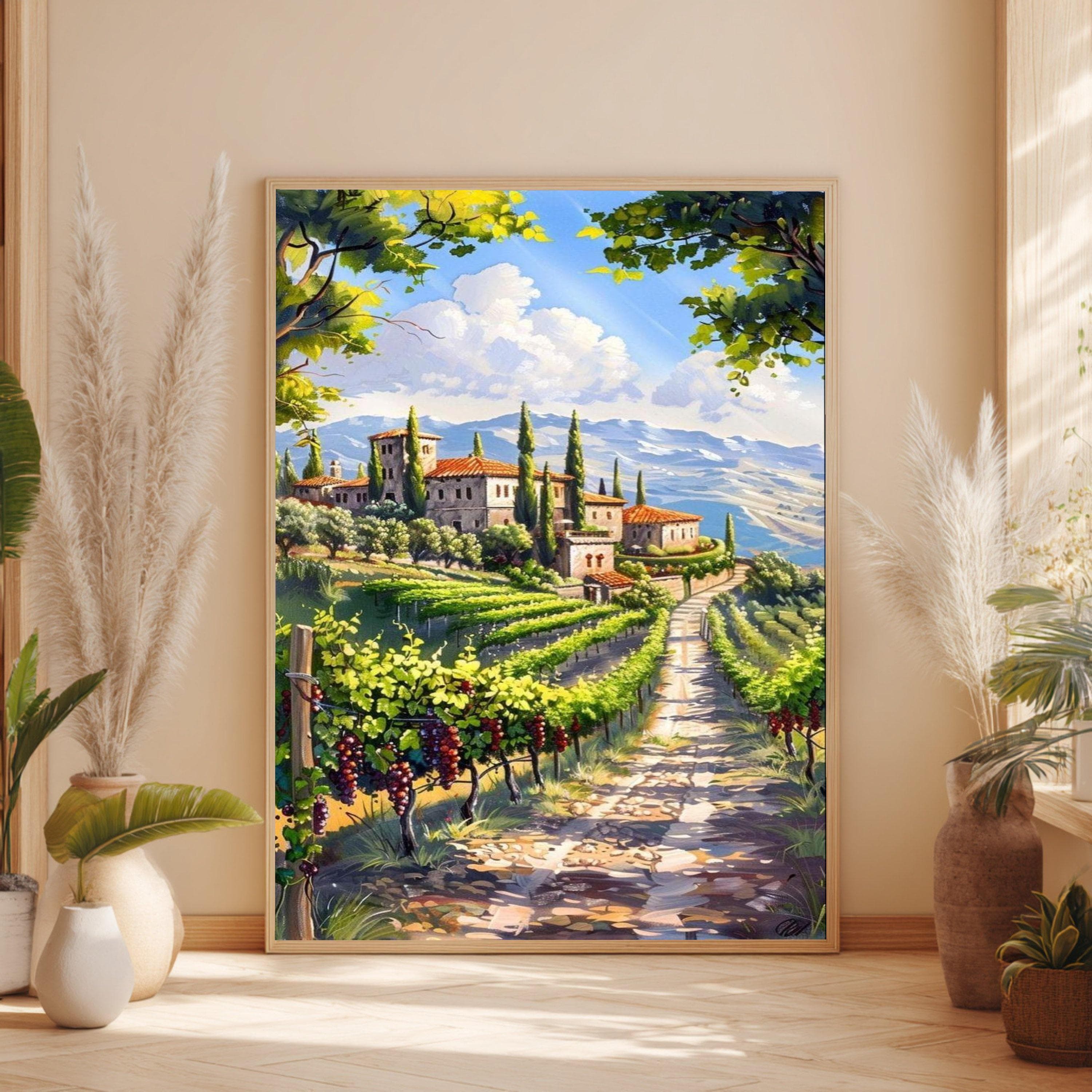 Vineyard Landscape Canvas, Tuscan Countryside Wall Art, Rustic Vineyard Scene, Mediterranean Nature Canvas, Home Decor Painting