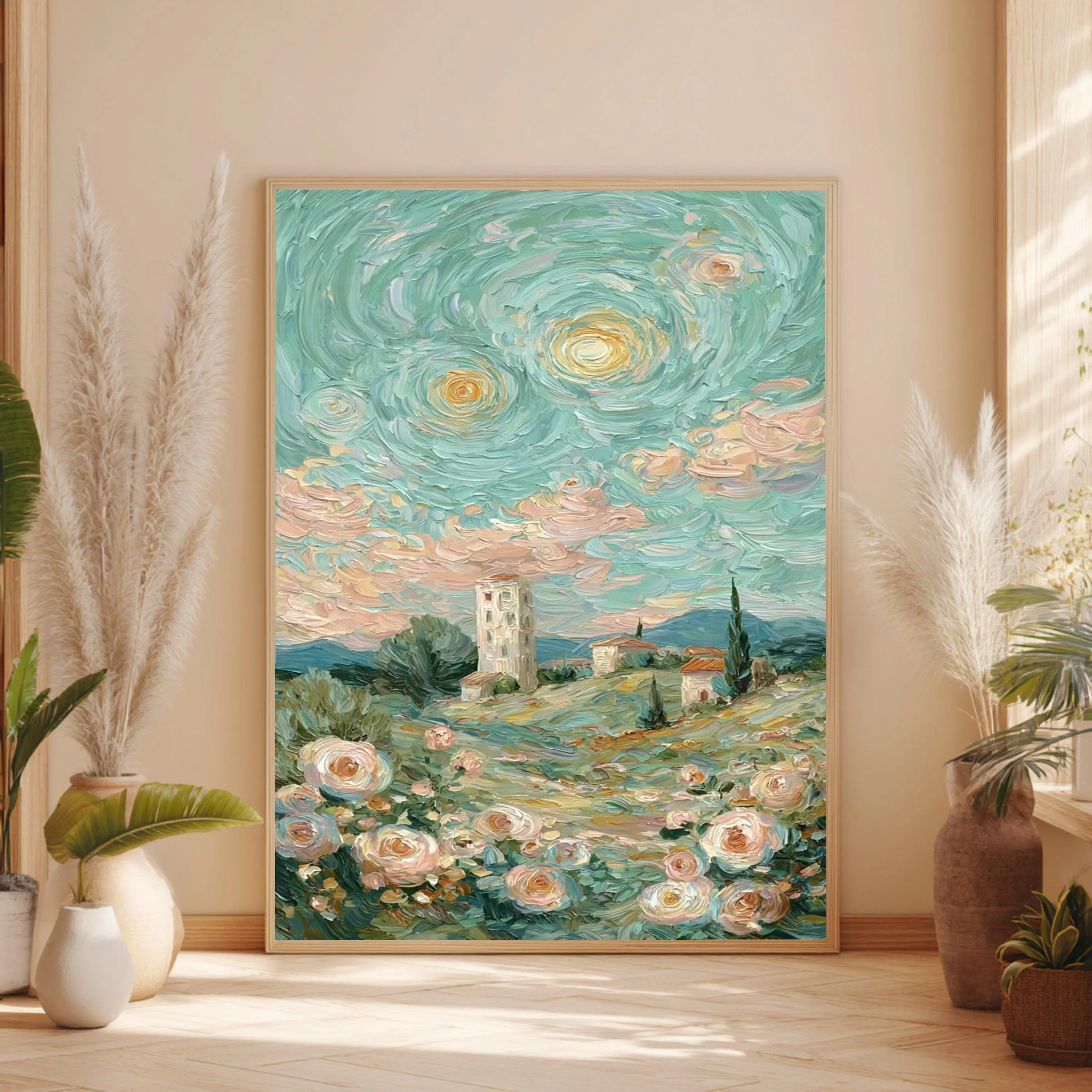 Pastel Countryside Landscape Canvas, Impressionist Flower Field Wall Art, Village Tower Painting, Spring Floral Canvas Decor