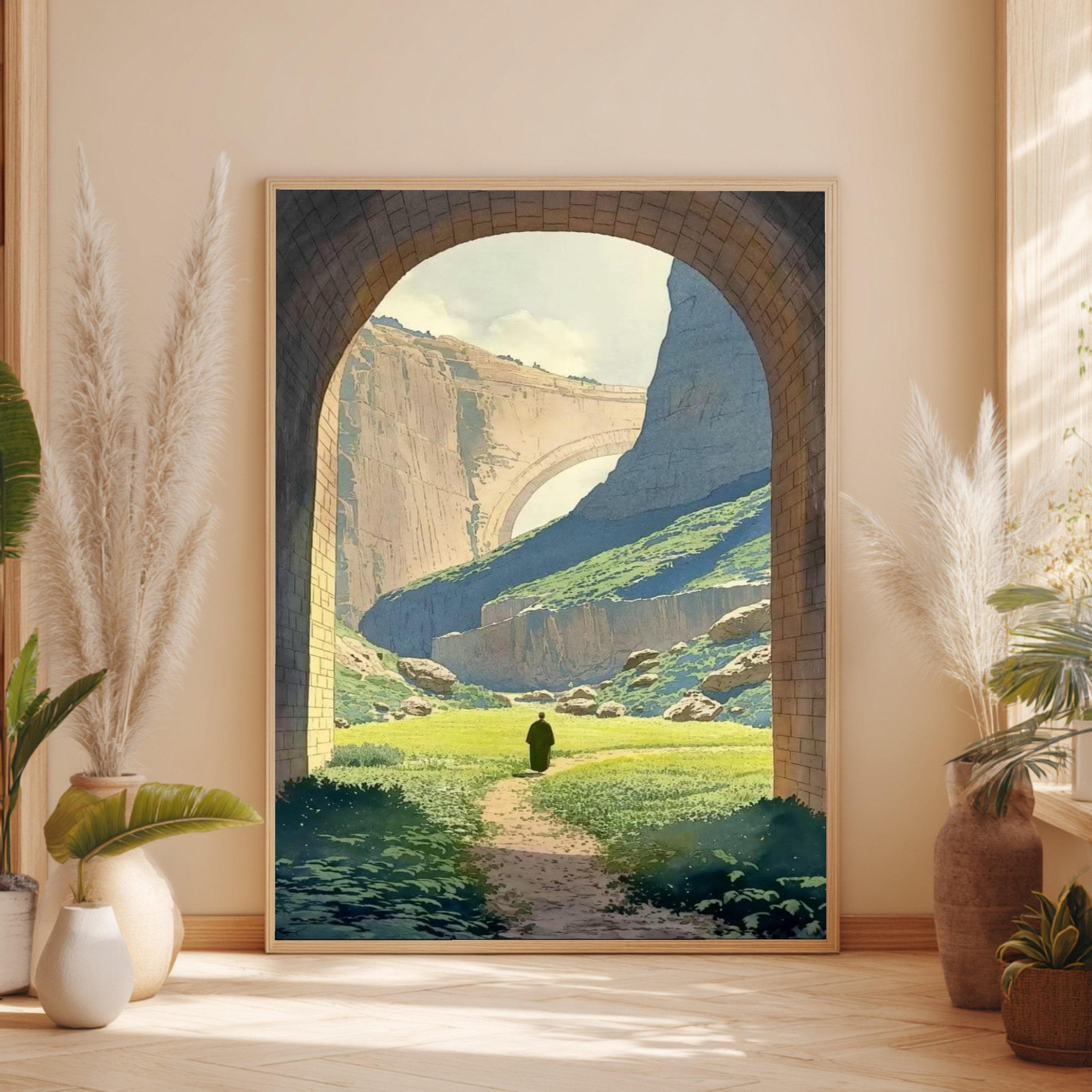 Serene Archway View Canvas, Mountain Path Landscape Wall Art, Faux Window Nature Print, Tranquil Scenery Painting, Framed Living Room Decor
