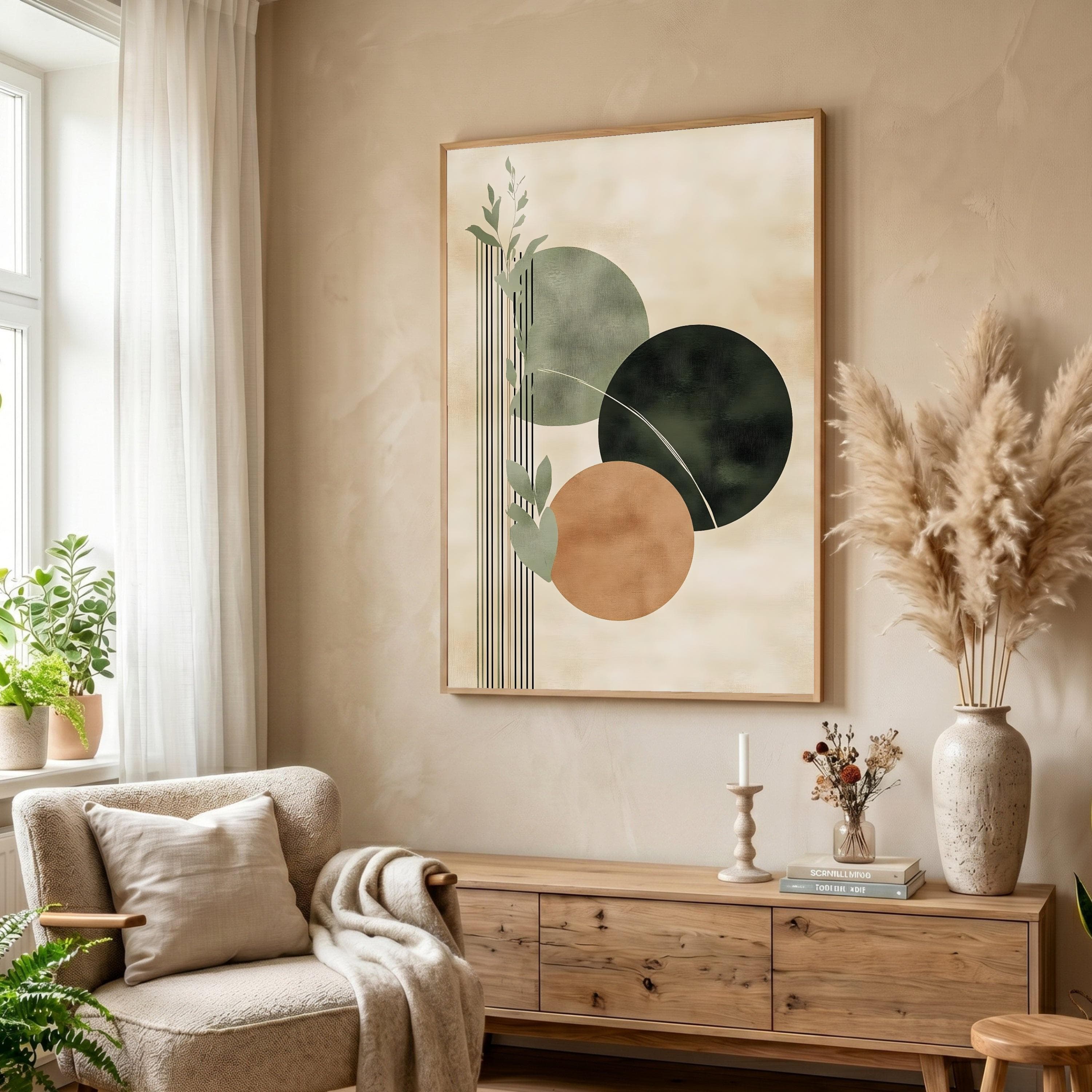 Minimalist Abstract Circles Canvas, Green and Earth Tones Wall Art, Botanical Leaves Design, Modern Home Decoration, Ready to Hang Canvas - image 5