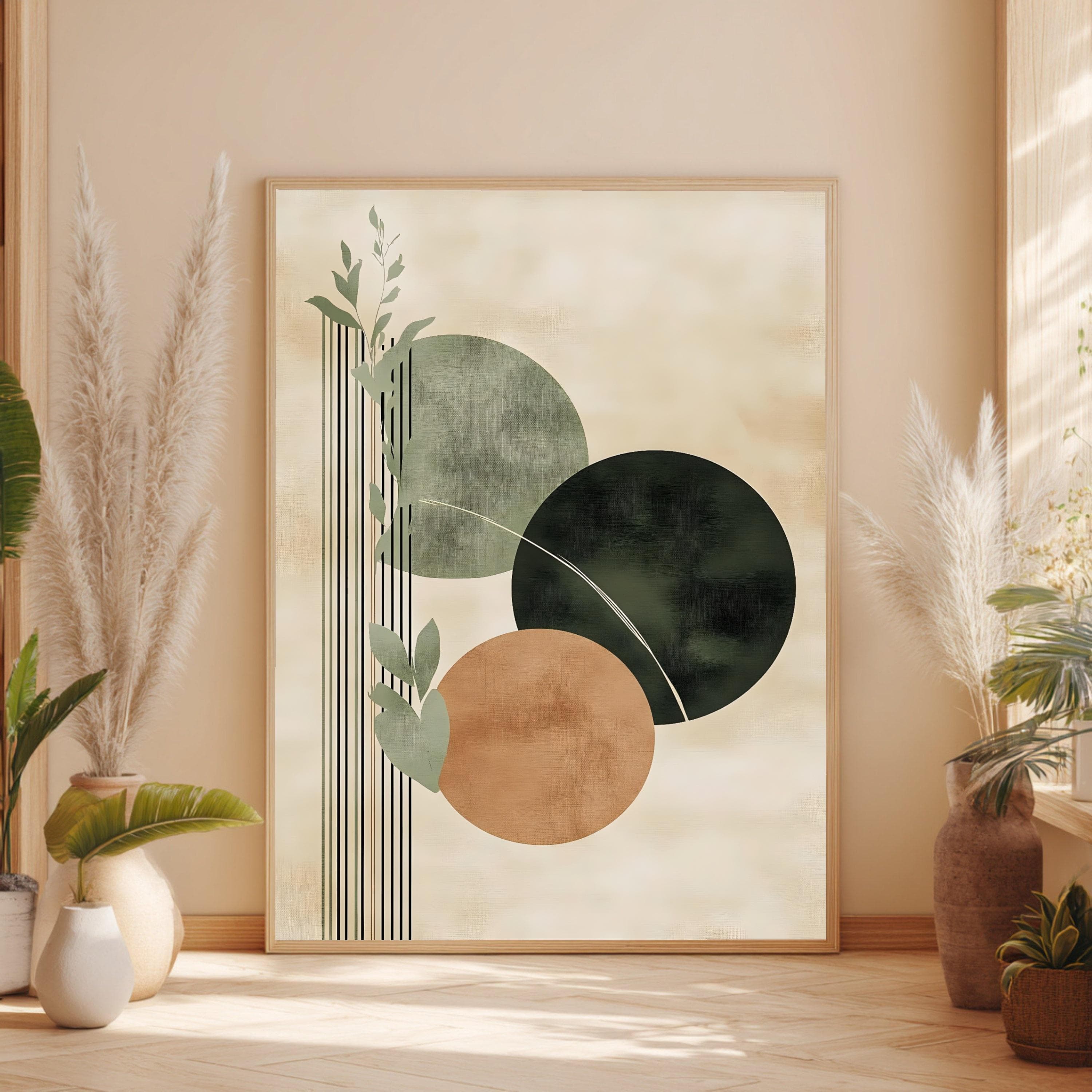 Minimalist Abstract Circles Canvas, Green and Earth Tones Wall Art, Botanical Leaves Design, Modern Home Decoration, Ready to Hang Canvas