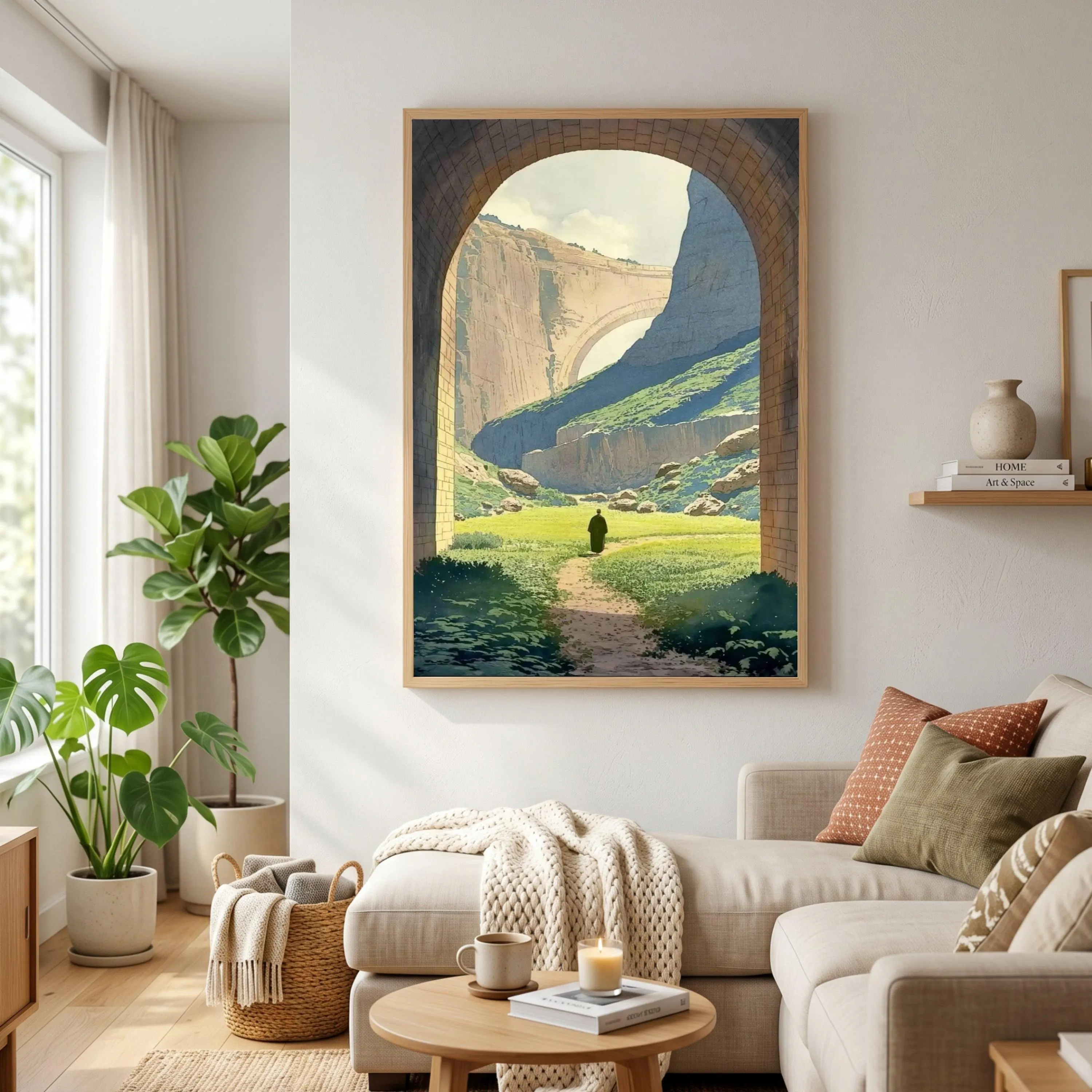 Serene Archway View Canvas, Mountain Path Landscape Wall Art, Faux Window Nature Print, Tranquil Scenery Painting, Framed Living Room Decor - image 2