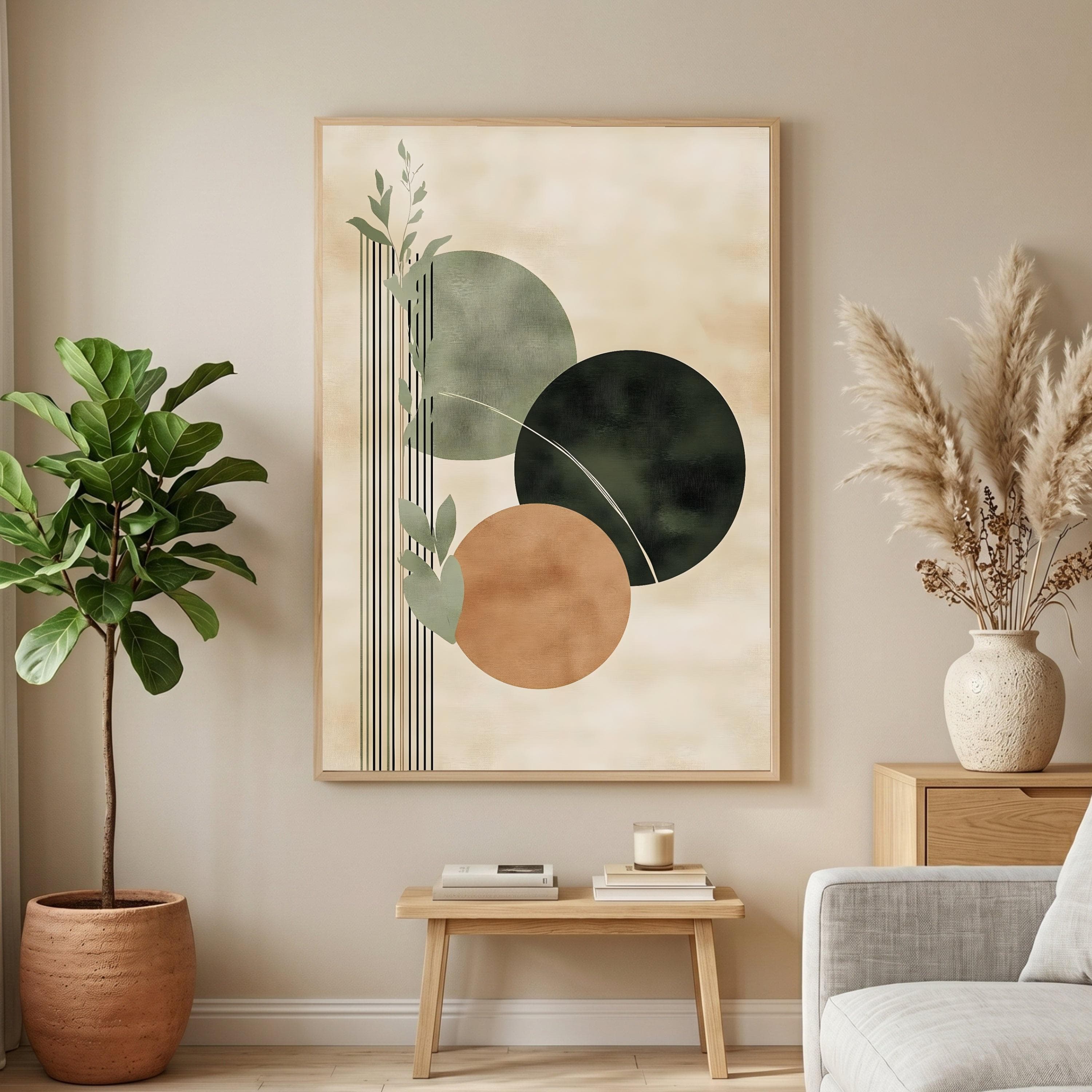 Minimalist Abstract Circles Canvas, Green and Earth Tones Wall Art, Botanical Leaves Design, Modern Home Decoration, Ready to Hang Canvas - image 4