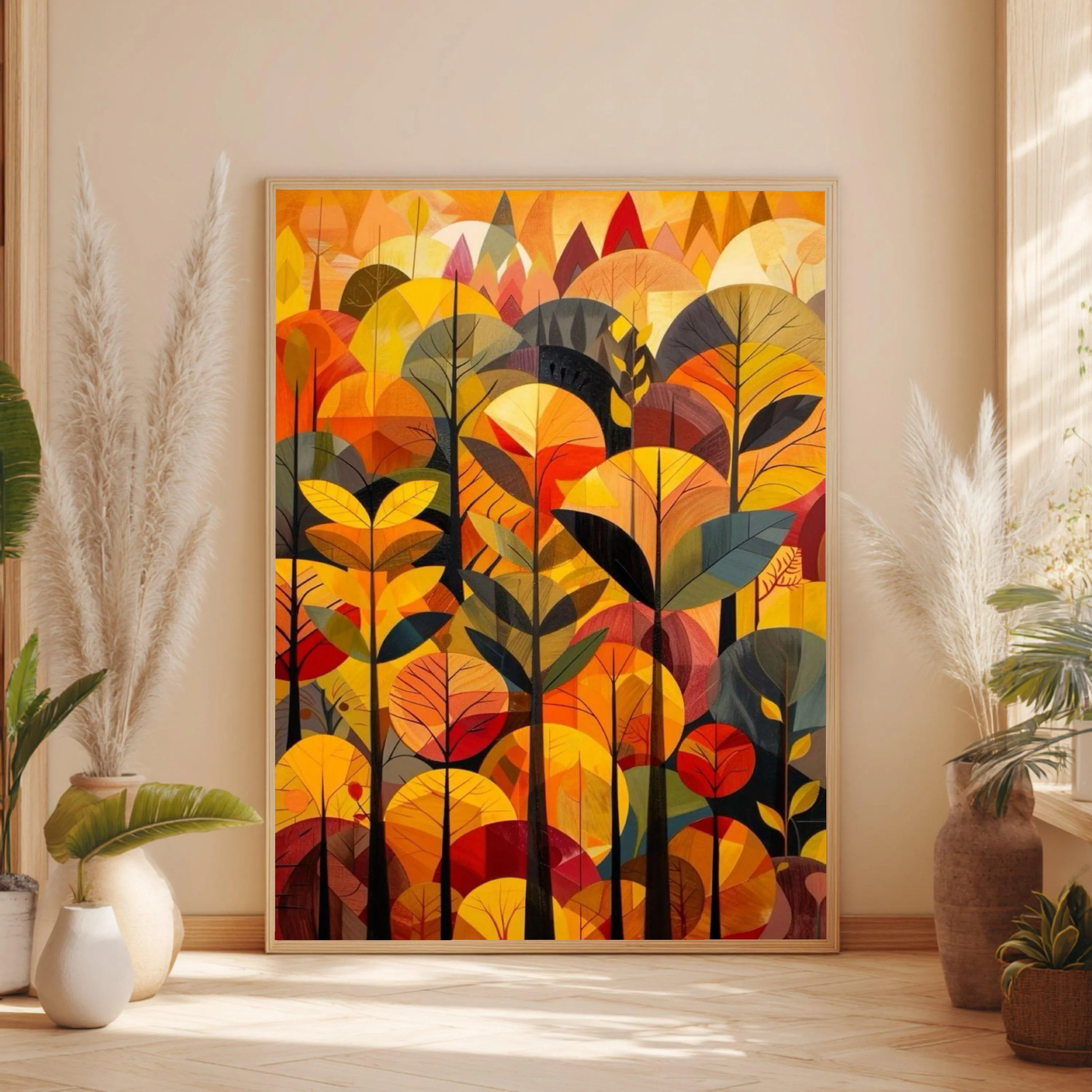 Autumn Forest Abstract Canvas, Modern Fall Leaves Wall Art, Geometric Tree Design, Warm Orange Home Decor, Nature Canvas Decoration