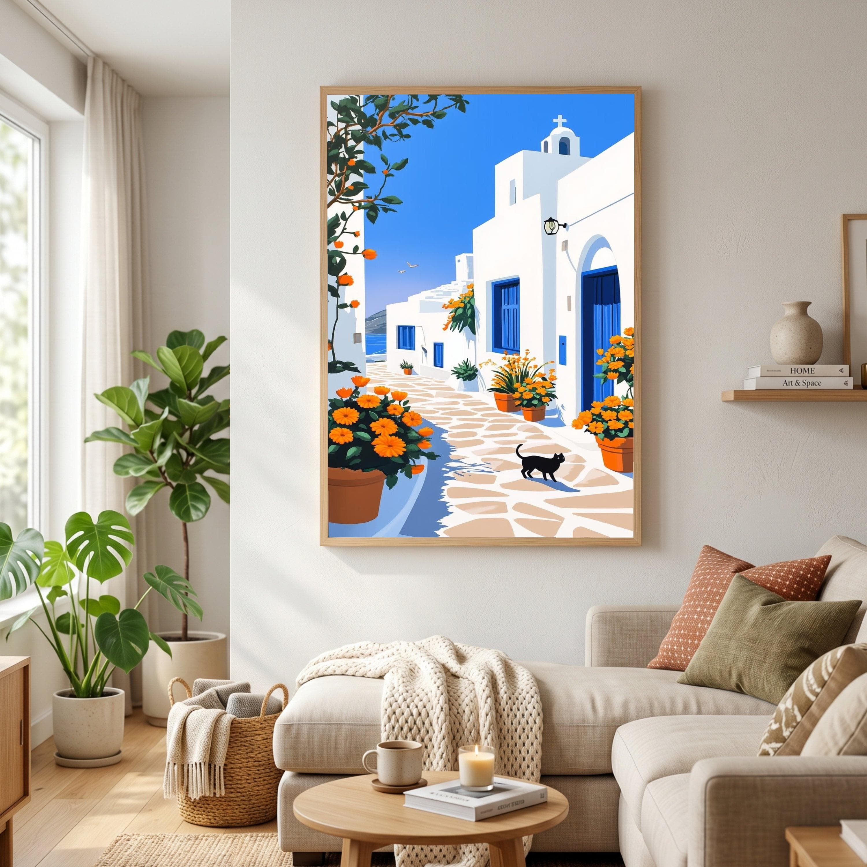 Large Mediterranean Village Path, Blue Doorway Canvas, White Architecture Wall Art, Orange Flowers Canvas, Coastal Home Decoration - image 3