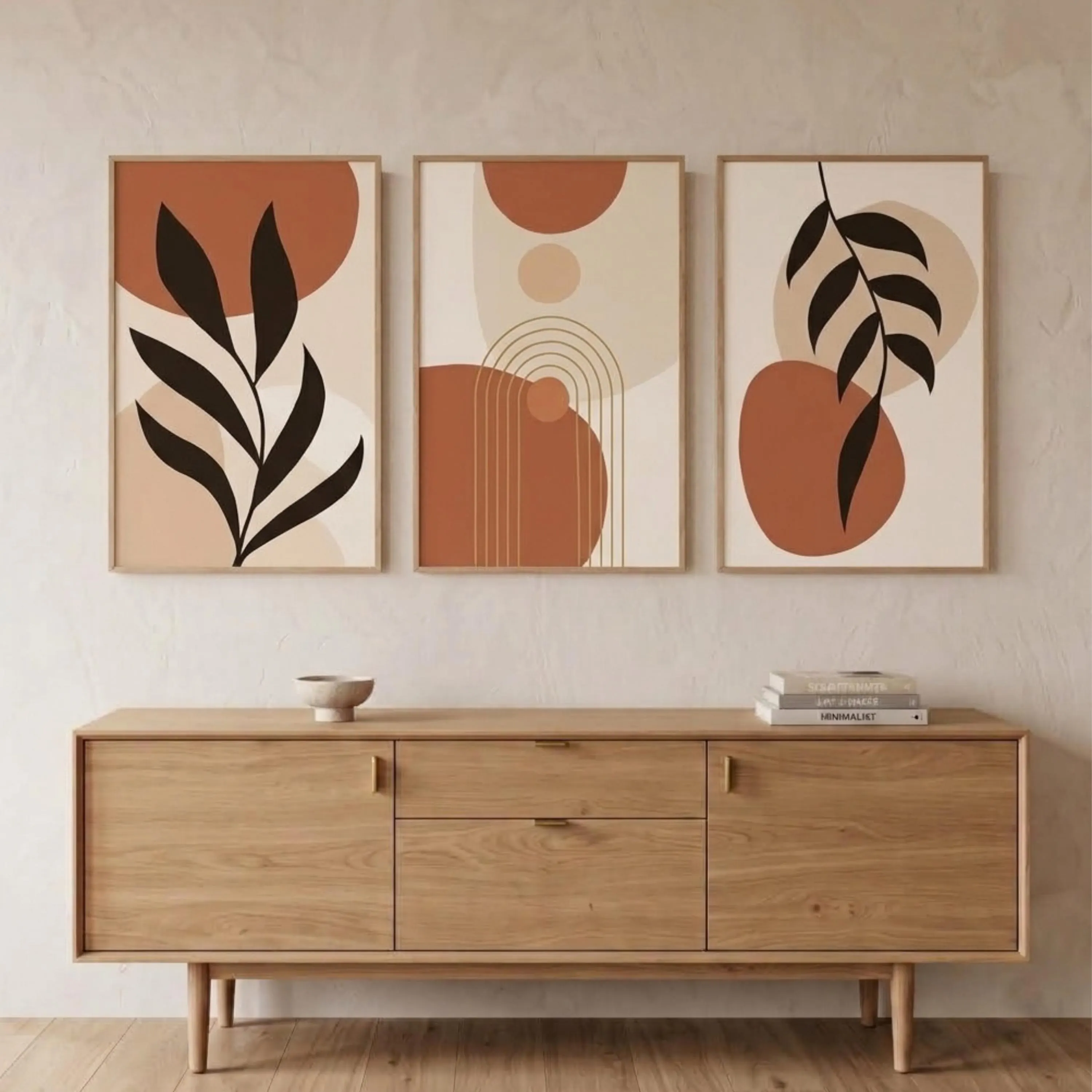 Terracotta Boho Wall Art Set of 3 Canvas Prints - Minimalist Botanical Leaf Artwork, Modern Neutral Living Room Decor - image 3