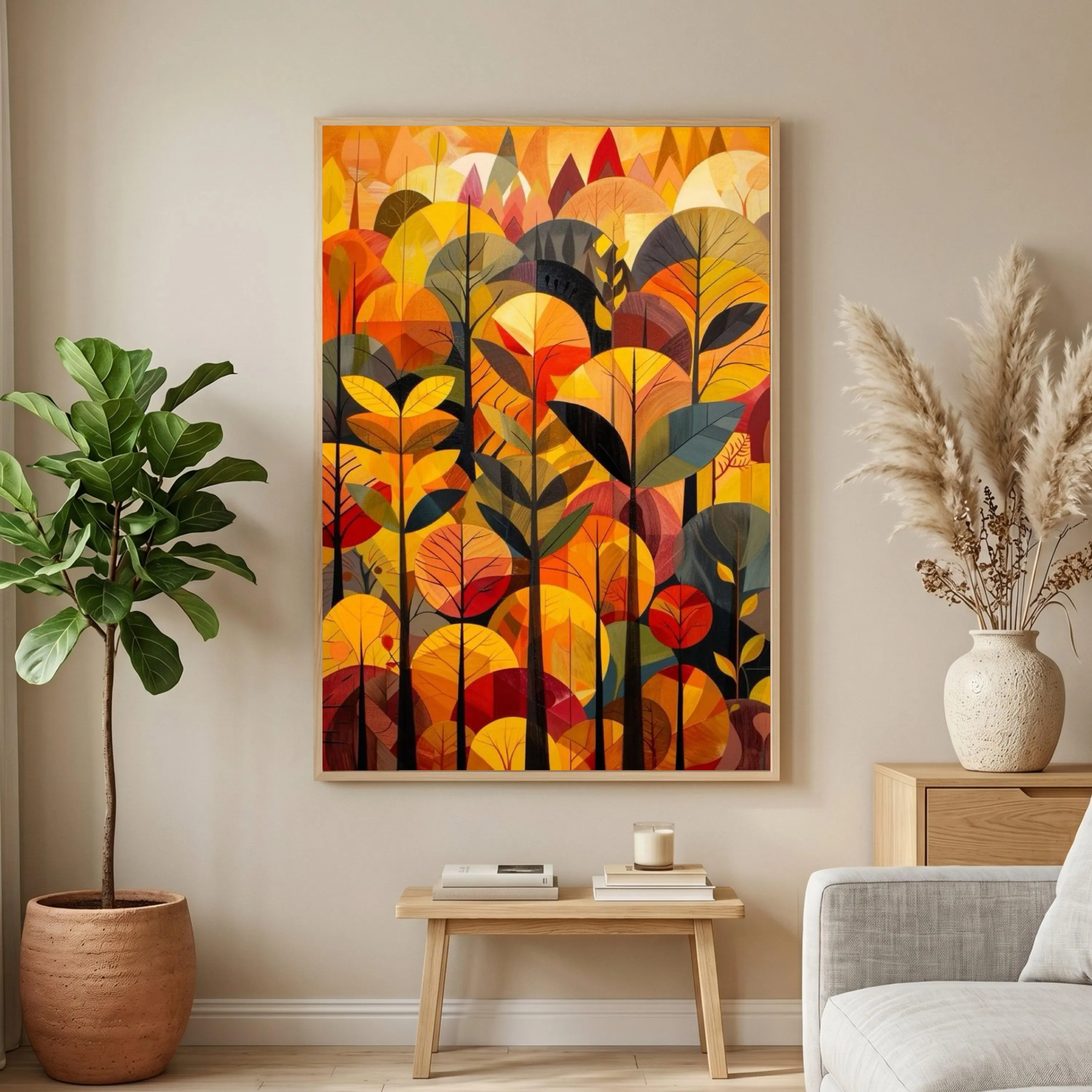 Autumn Forest Abstract Canvas, Modern Fall Leaves Wall Art, Geometric Tree Design, Warm Orange Home Decor, Nature Canvas Decoration - image 4