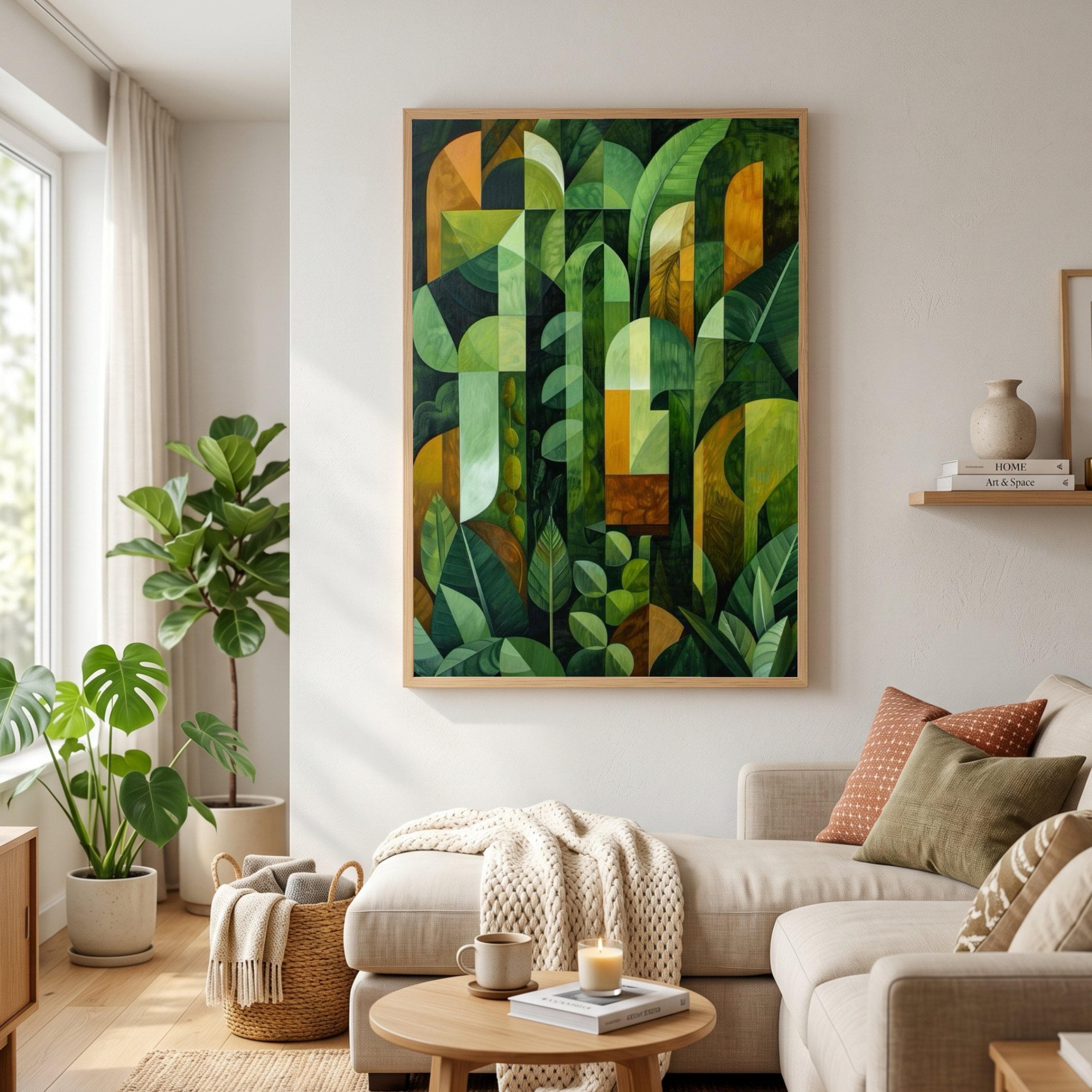 Abstract Green Leaves Canvas, Botanical Wall Art, Modern Nature Decor, Geometric Plant Painting, Tropical Leaf Canvas, Home Living Room Art - image 3