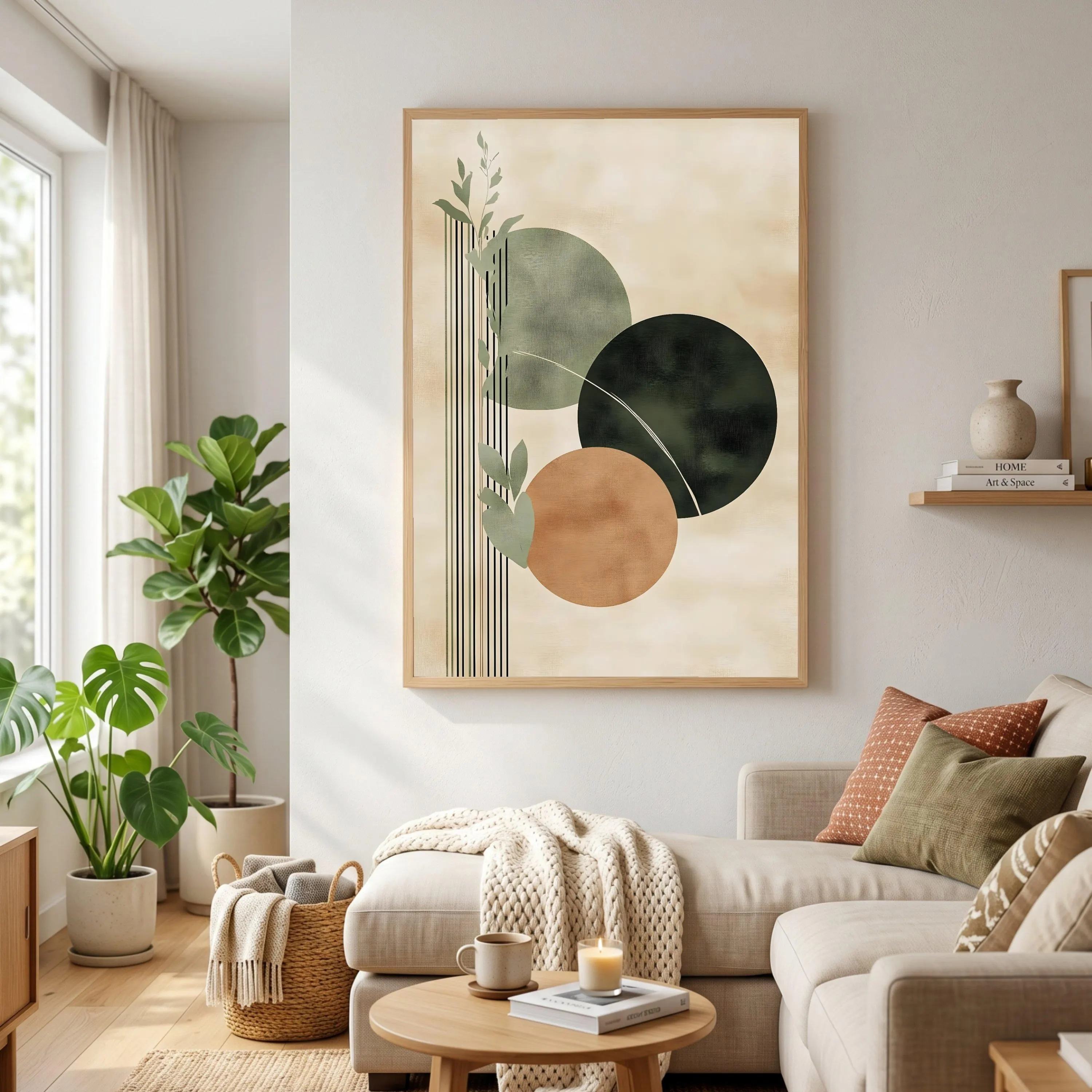 Minimalist Abstract Circles Canvas, Green and Earth Tones Wall Art, Botanical Leaves Design, Modern Home Decoration, Ready to Hang Canvas - image 3