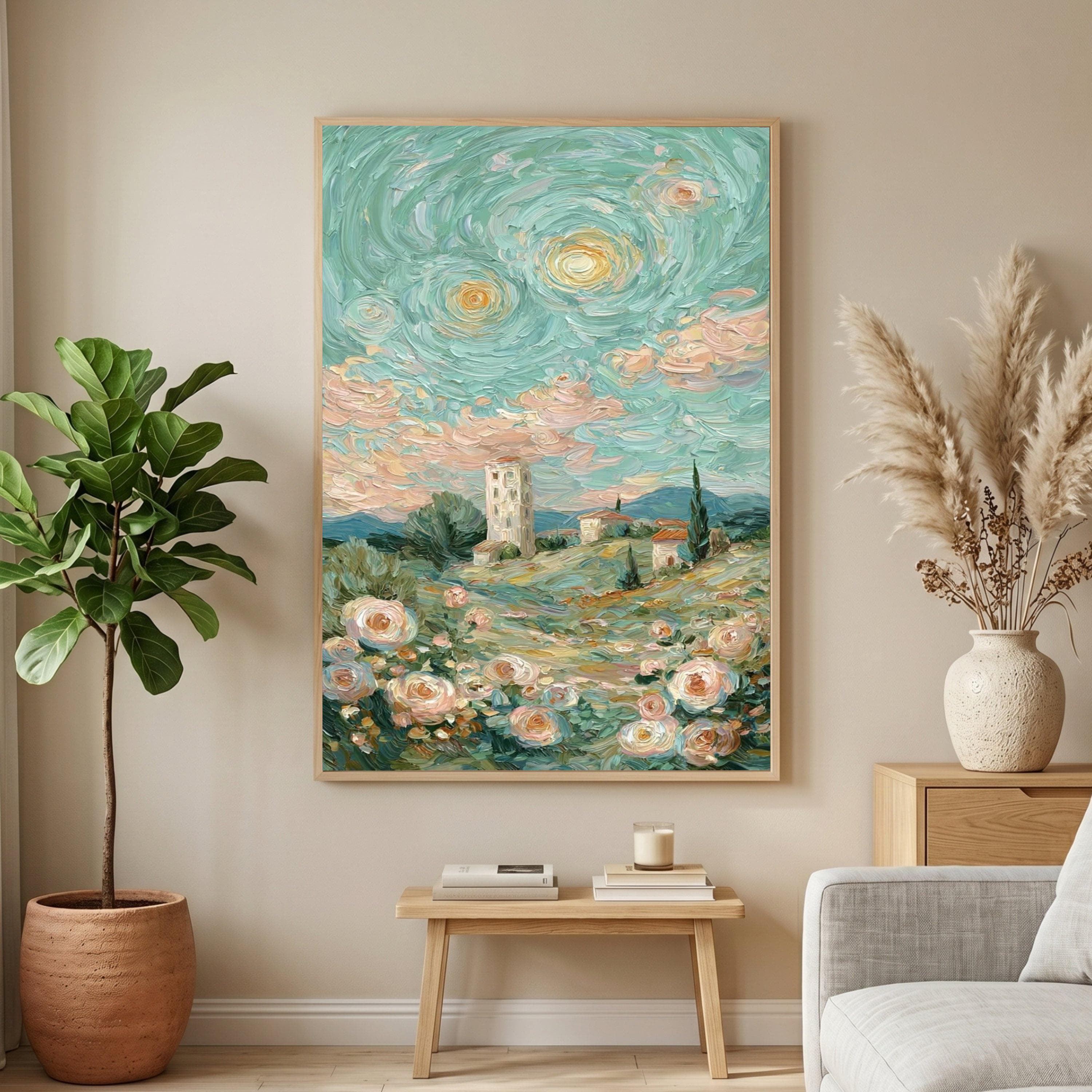 Pastel Countryside Landscape Canvas, Impressionist Flower Field Wall Art, Village Tower Painting, Spring Floral Canvas Decor - image 4