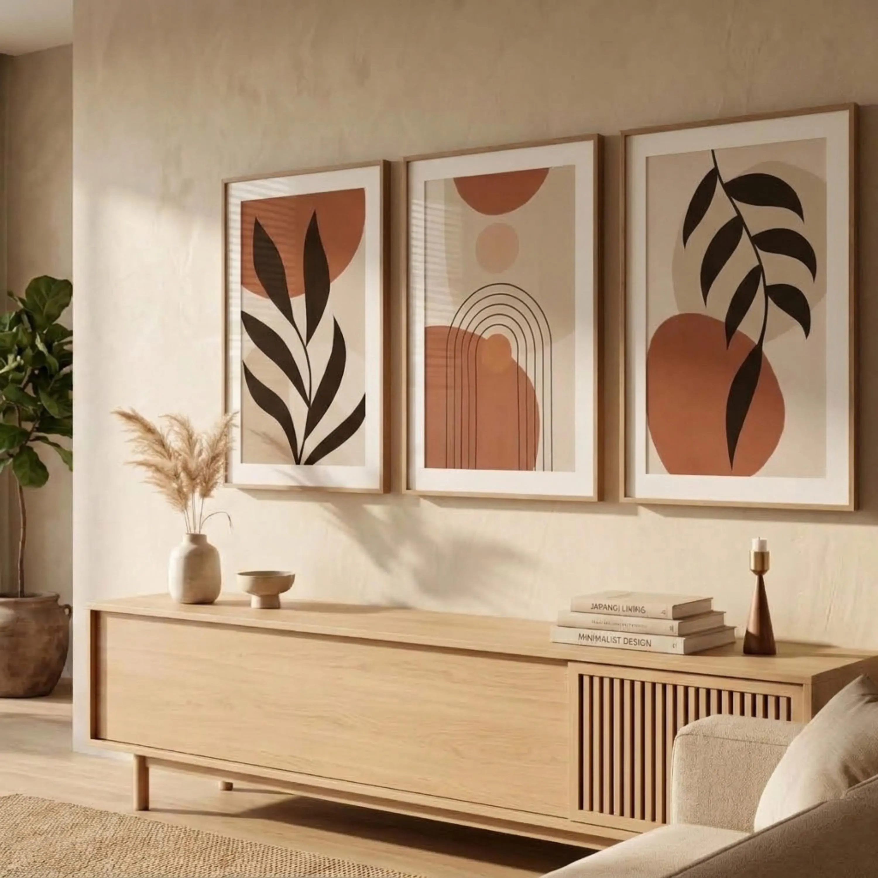Terracotta Boho Wall Art Set of 3 Canvas Prints - Minimalist Botanical Leaf Artwork, Modern Neutral Living Room Decor
