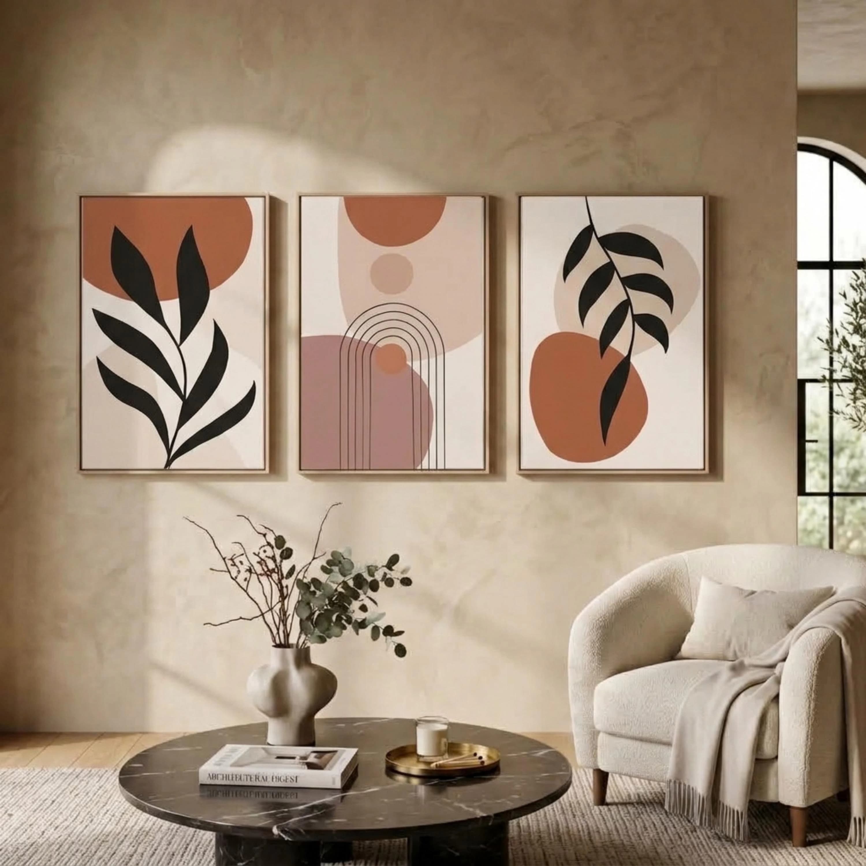 Terracotta Boho Wall Art Set of 3 Canvas Prints - Minimalist Botanical Leaf Artwork, Modern Neutral Living Room Decor - image 5