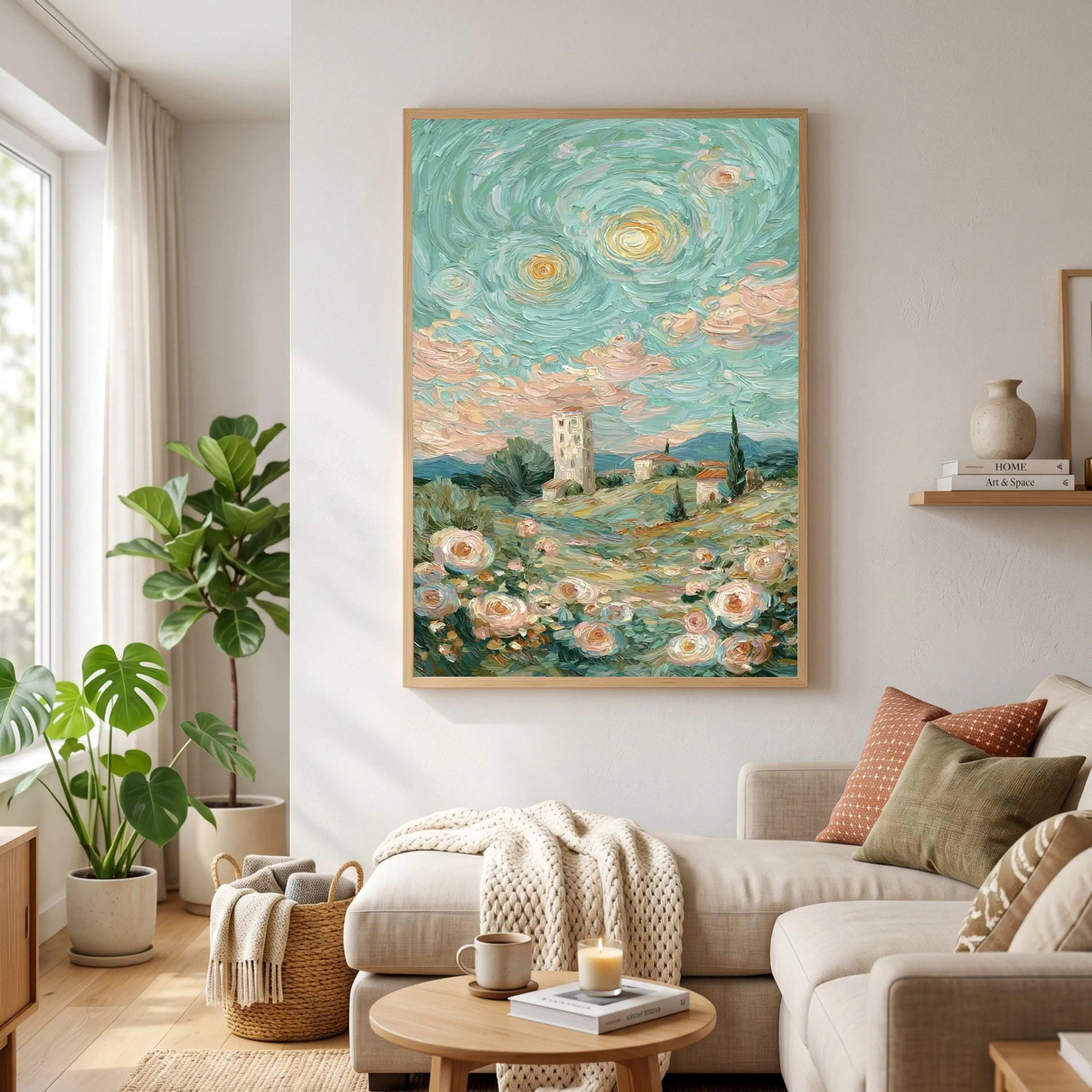 Pastel Countryside Landscape Canvas, Impressionist Flower Field Wall Art, Village Tower Painting, Spring Floral Canvas Decor - image 3