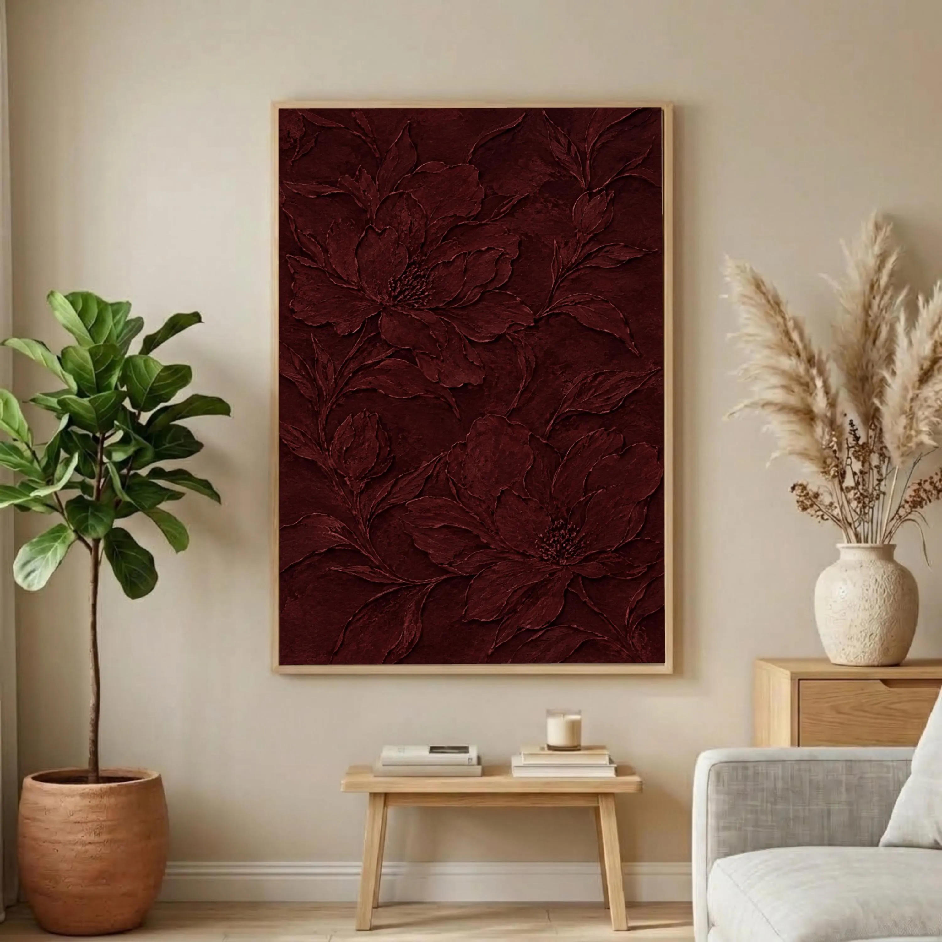 Elegant Burgundy Floral Canvas Wall Art: Impasto Flower Painting, Framed Modern Botanical Living Room - image 4