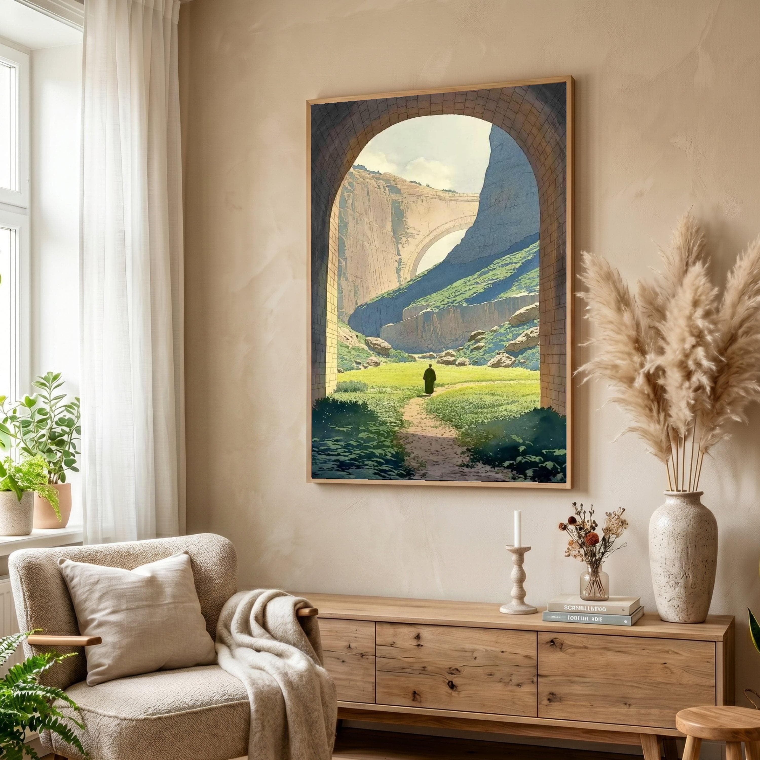 Serene Archway View Canvas, Mountain Path Landscape Wall Art, Faux Window Nature Print, Tranquil Scenery Painting, Framed Living Room Decor - image 4
