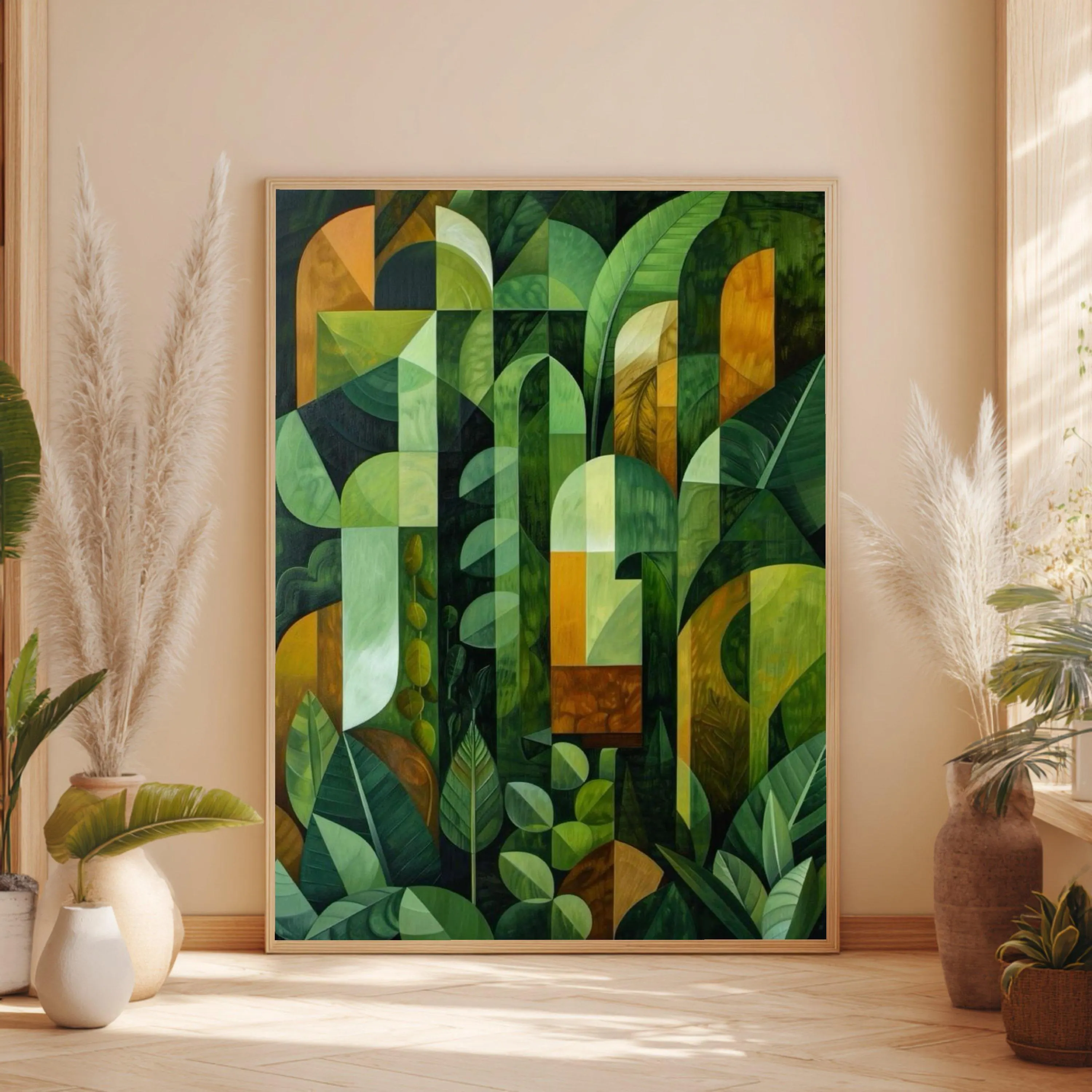 Abstract Green Leaves Canvas, Botanical Wall Art, Modern Nature Decor, Geometric Plant Painting, Tropical Leaf Canvas, Home Living Room Art